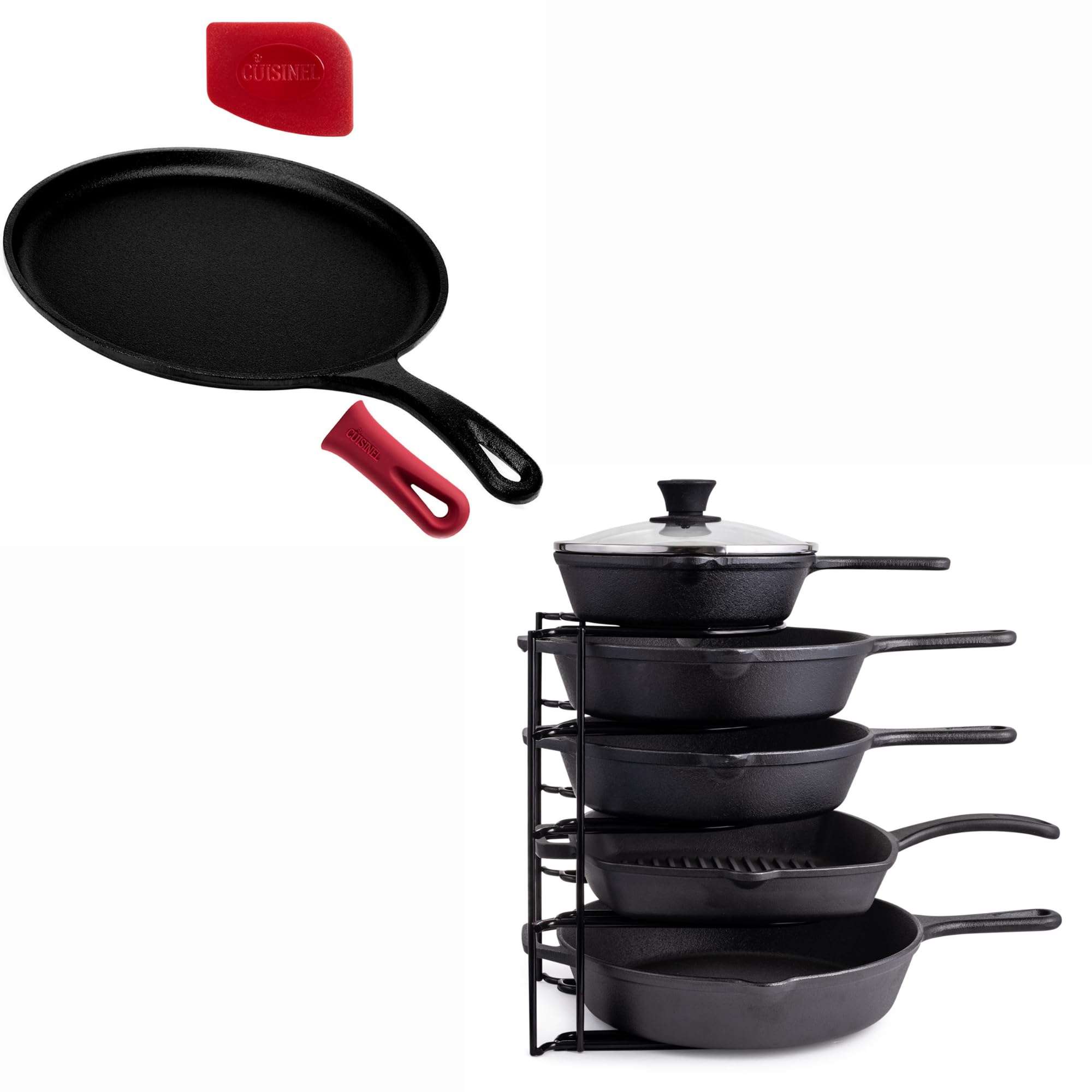 Cuisinel Cast Iron 10.5" Round Flat Skillet + Pan Organizer + Pan Scraper + Silicone Handle Grip - Cast Iron Accessories and Kitchen Storage Organization 1