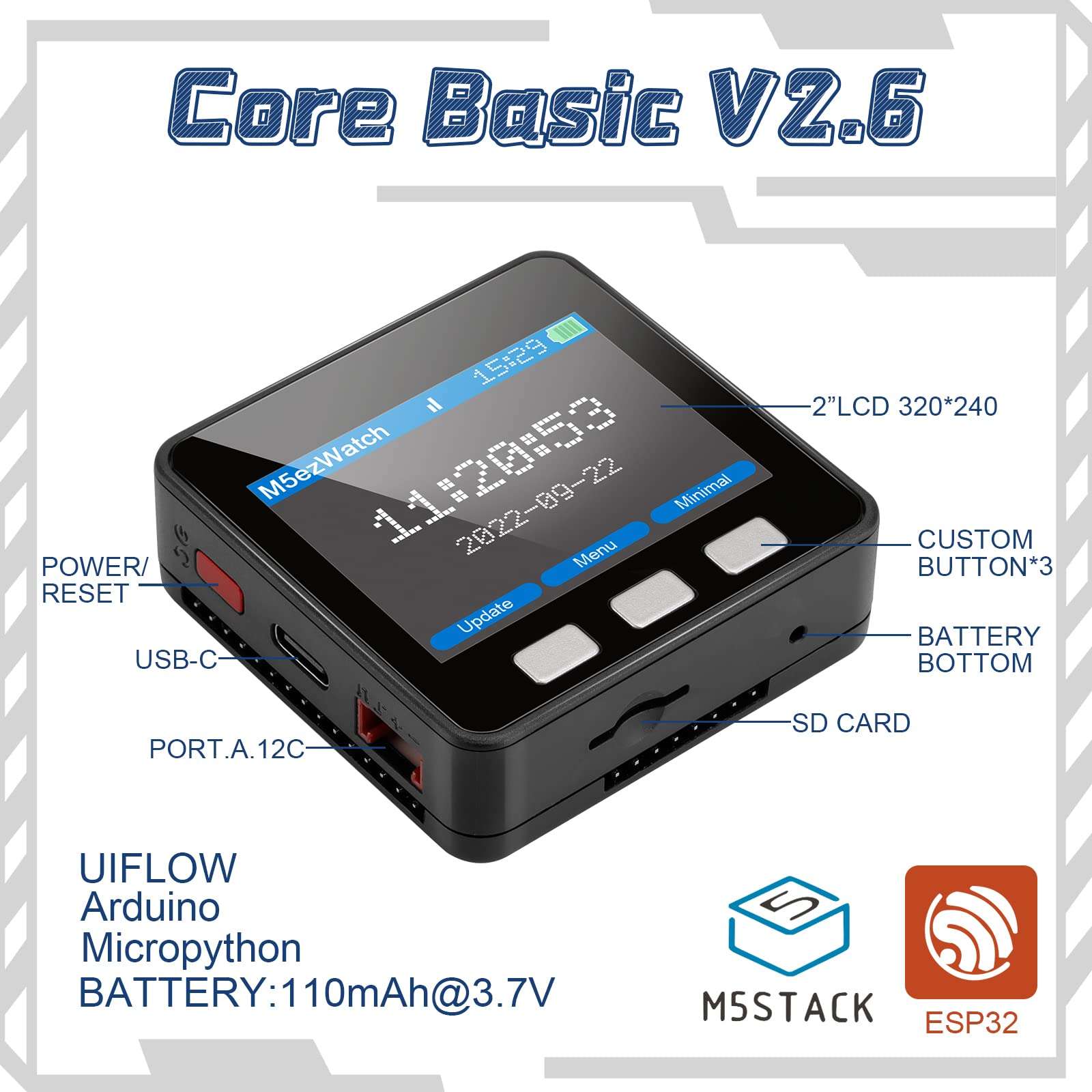 M5Stack ESP32 Basic Core IoT: Development Kit V2.6 2.0-inch IPS Display Panel Espressif ESP32 Chip, Compatible with Arduino ESP32-IDF MicroPython UIFlow 5