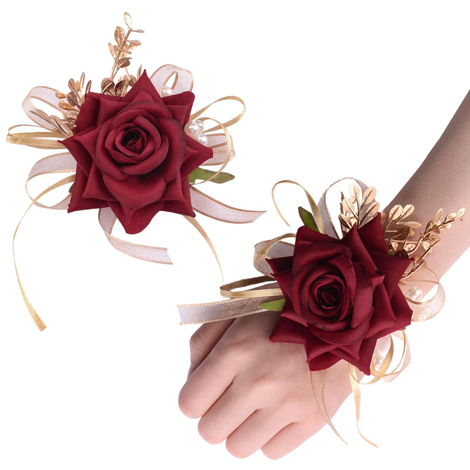 URROMA Wrist Corsage Boutonniere Set, 2Pcs Red Rose and Yellow Ribbon Artificial Corsage Flower Bracelet Prom Party Homecoming Wristband Flowers 1