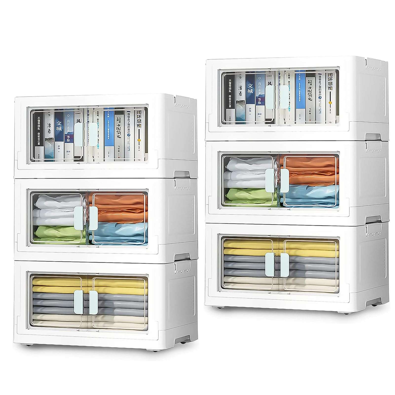 Wardrobe storage organiser, 3 Pack Foldable Storage Boxes Large 50L*3 Stackable Collapsible Clear Storage Boxes Organizer 50 * 36 * 90cm, Front Door Opening for Easy Access, Movable Foldable Container