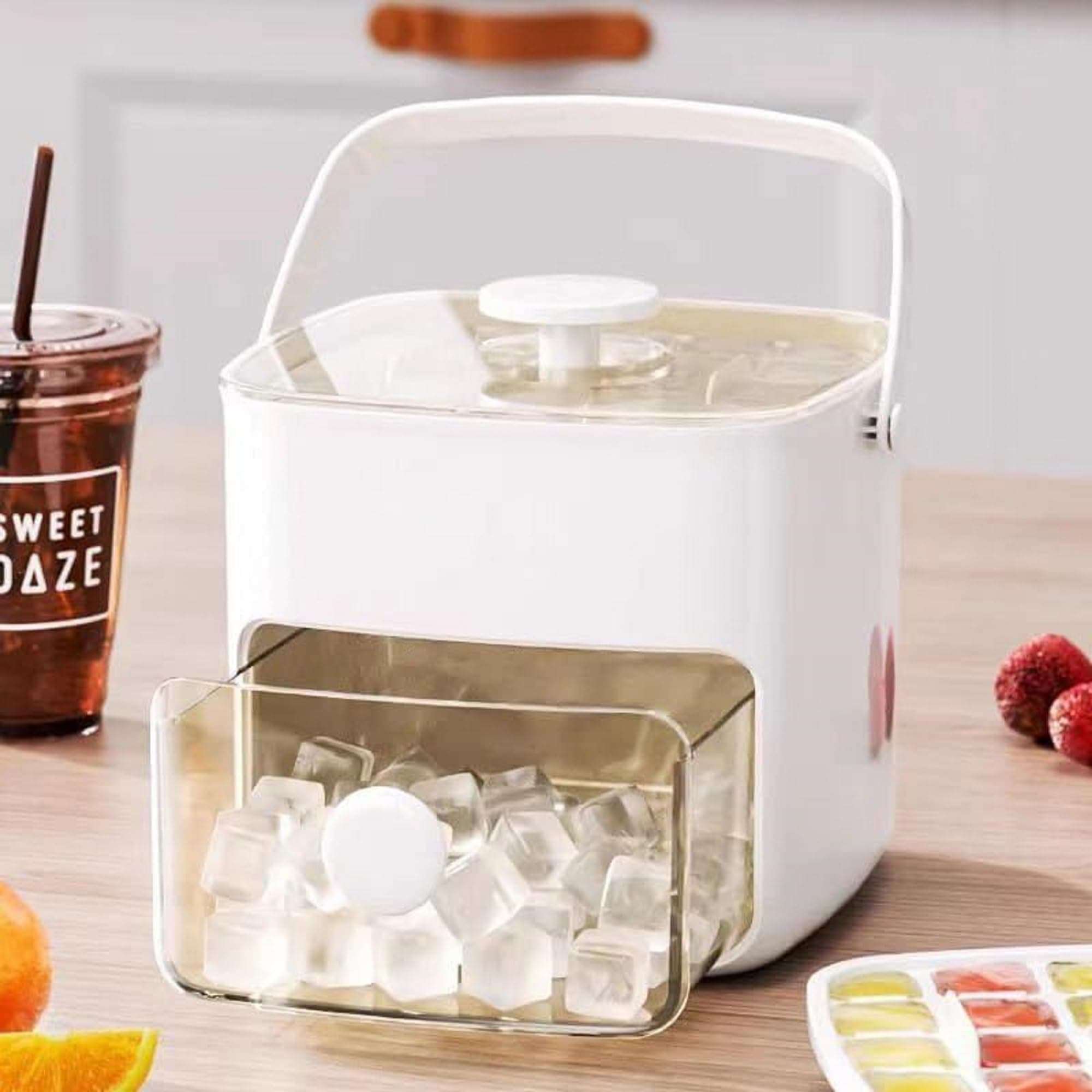 Ice Cube Maker Storage Box with Push Release Lid, Removable Ice Trays, Front Pull-Out Ice Bin, Carry Handle, Includes Scoop 6