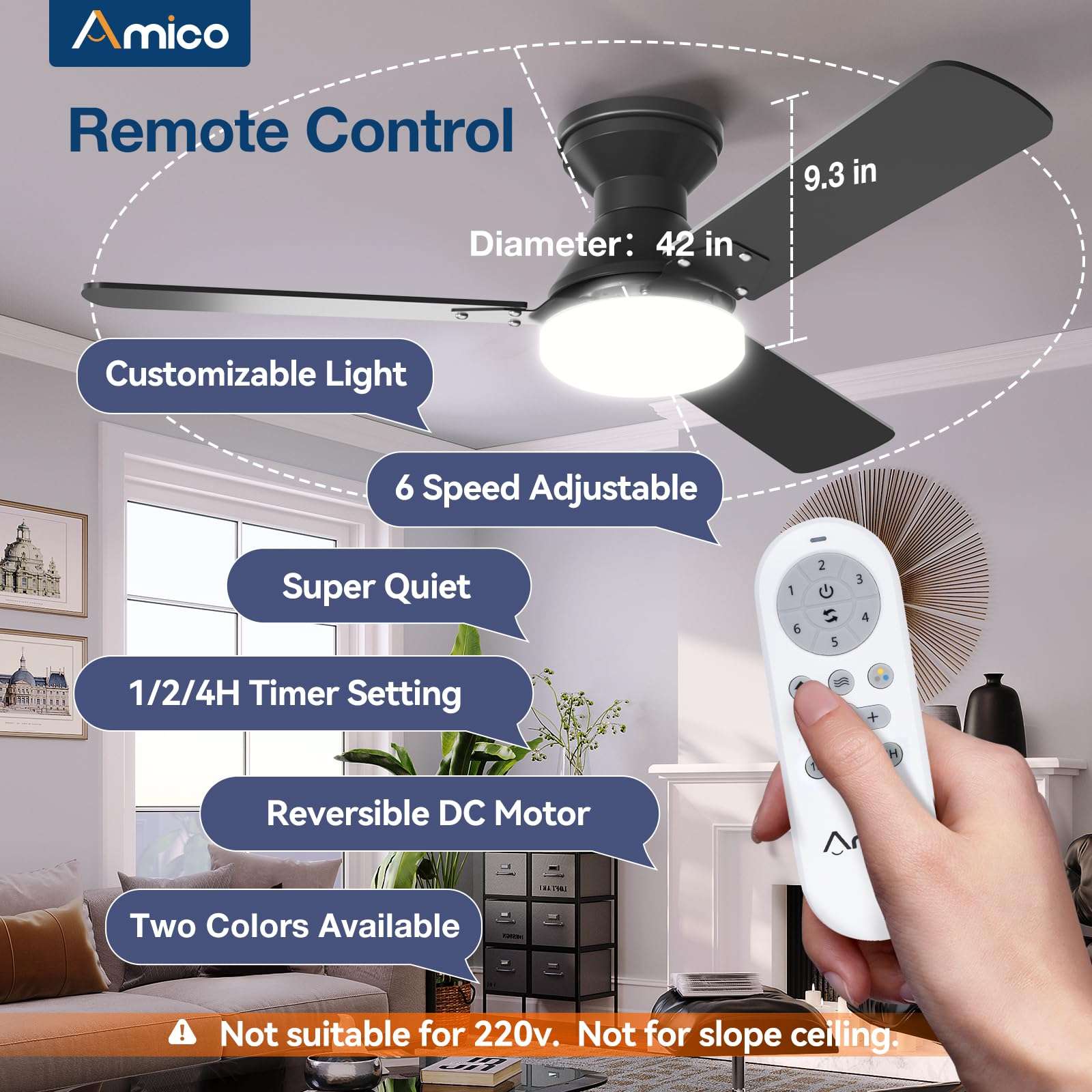 Amico 2 Pack Ceiling Fans with Lights, 42 inch Low Profile Ceiling fan with Light and Remote Control, Flush Mount, Reversible, 3CCT, Dimmable, Noiseless, Black Ceiling Fan for Bedroom, Indoor/Outdoor 5