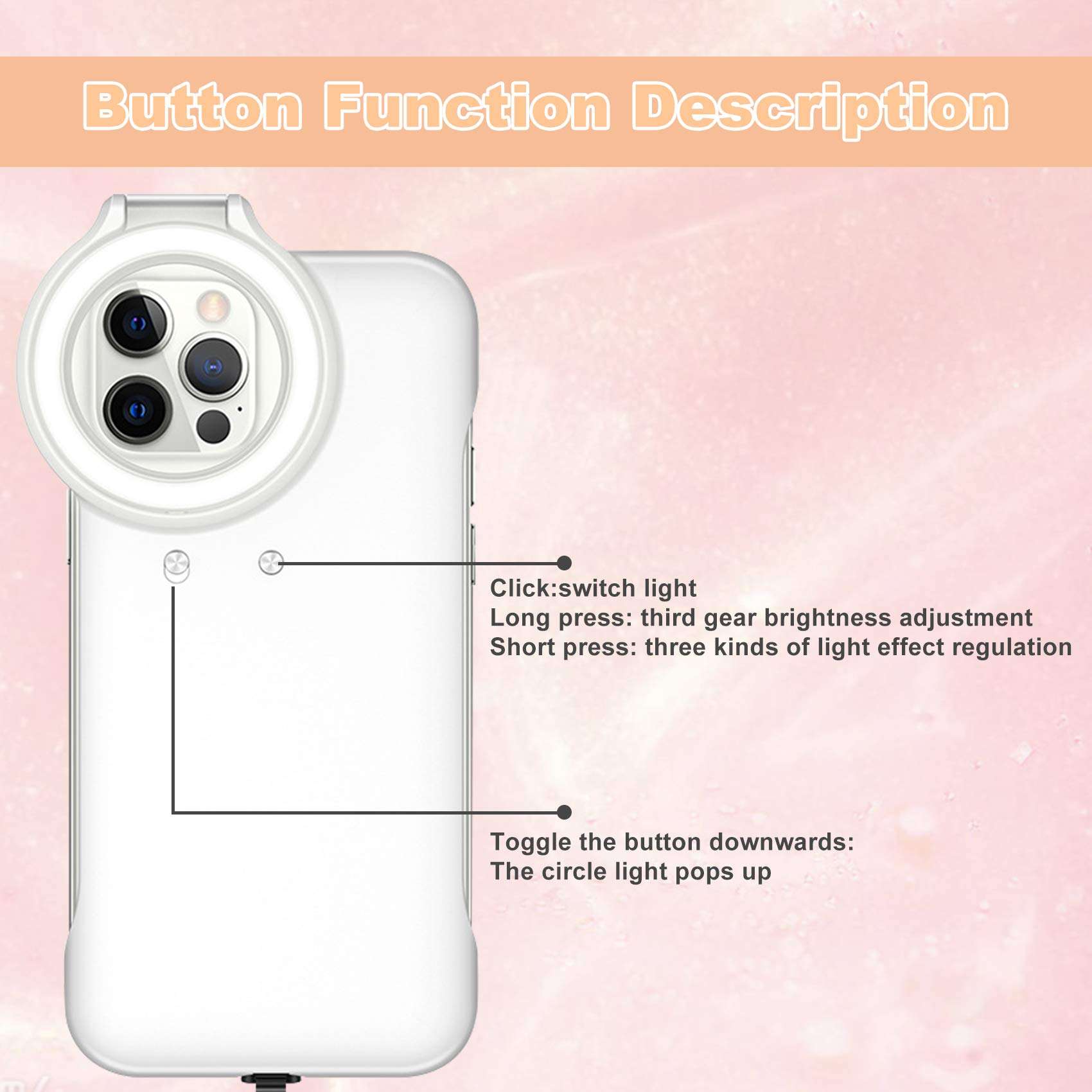 INOCTI Phone Case Built-in Selfie Ring Light for iPhone 12 Pro, LED Illuminated Selfie [Rechargeable] Luminous Flashlight Cellphone Case Cover for iPhone 12-3 Lighting Modes White 6