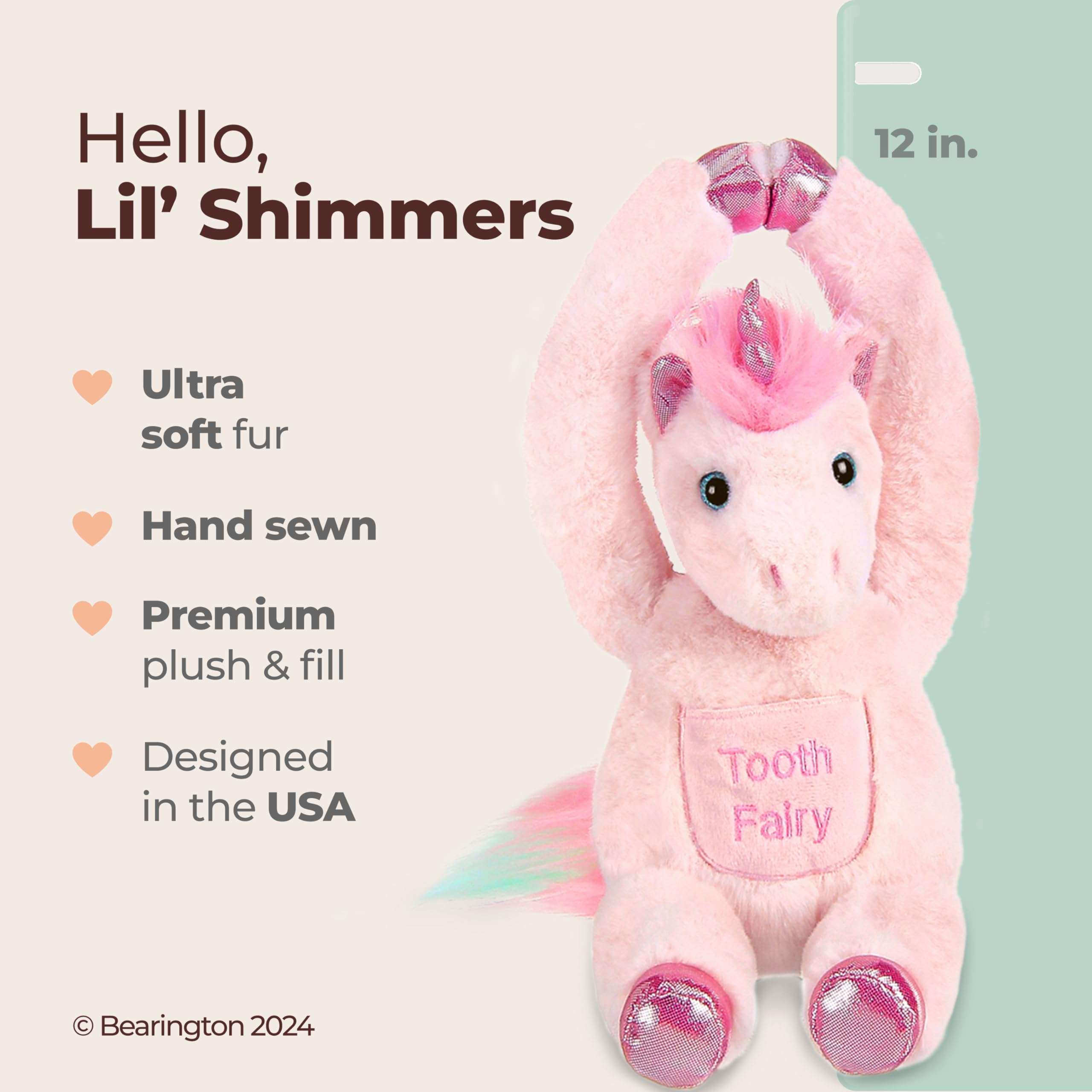 Bearington Lil' Shimmers The Pink Unicorn Plush, 12 Inch Tooth Fairy Stuffed Animal 3