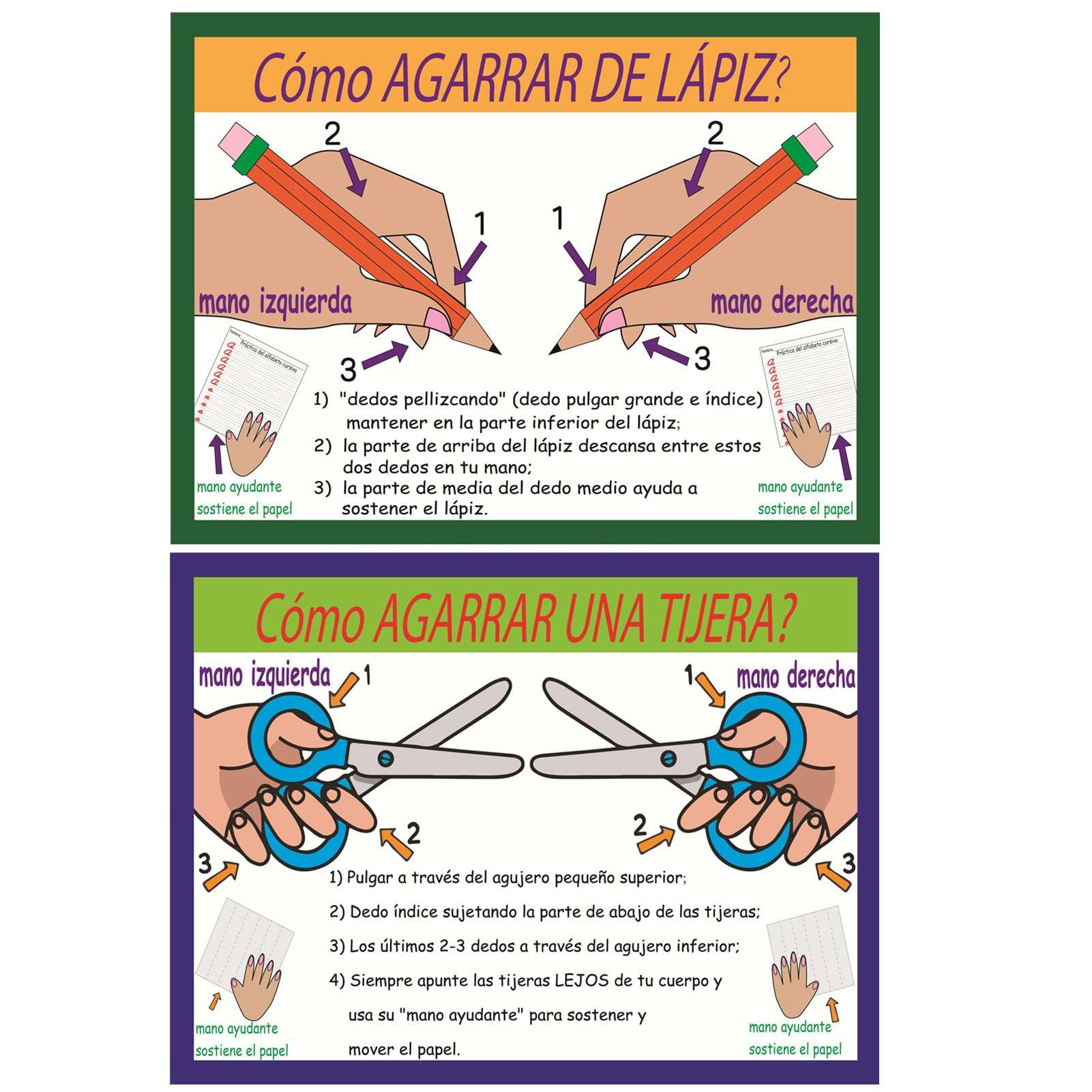 SANTSUN Pencil and Scissor Grip Educational Preschool Poster, How to Pencil Grip? and How to Scissor Grip? Poster with Illustrations, for Toddler and Kid, School Wall Decor, Spanish, 30x40cm 1
