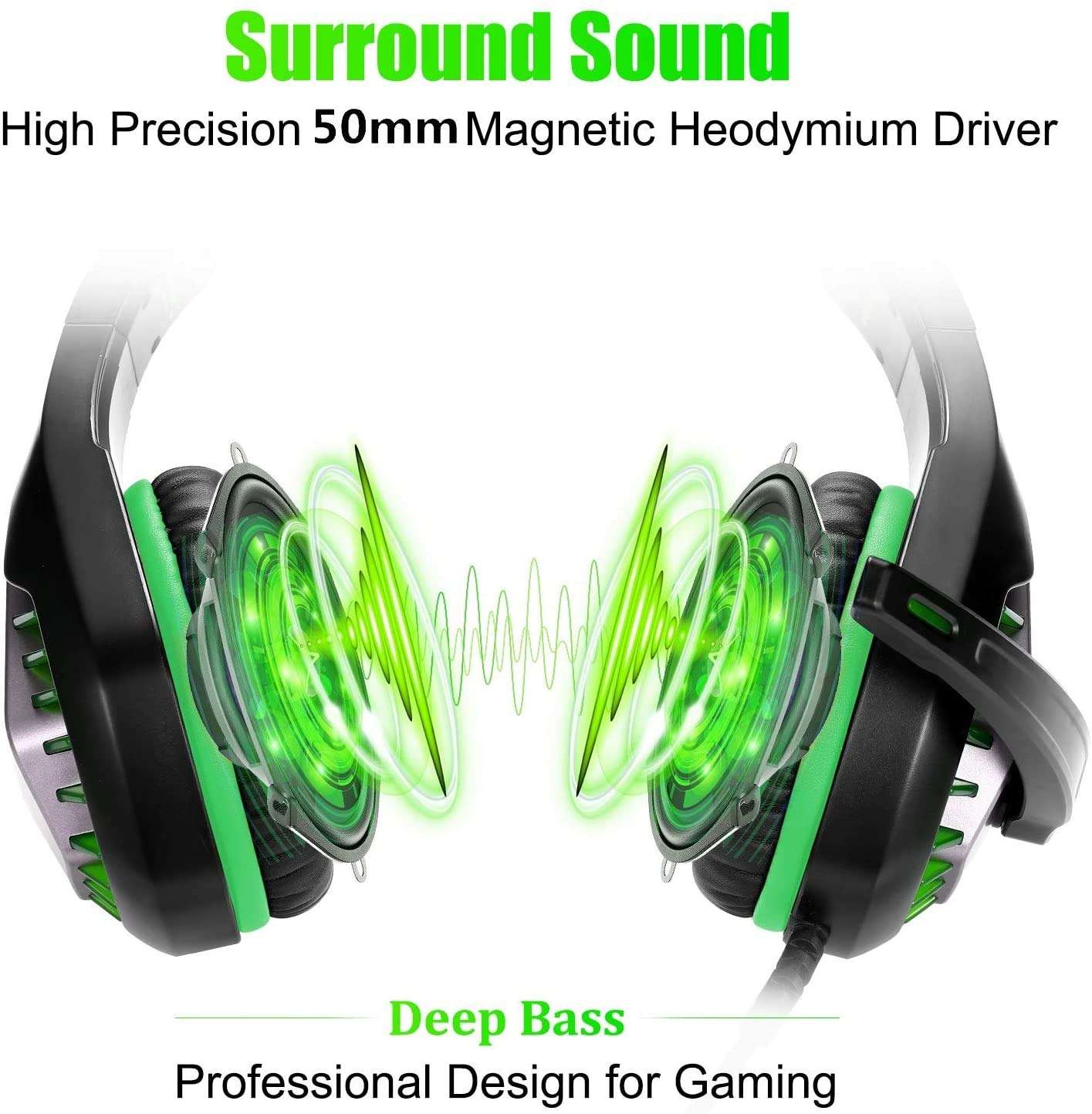 DIWUER Stereo Gaming Headset for Nintendo Switch, PS4, Xbox One with Noise Cancelling Mic, Soft Earmuffs Surround Sound Over Ear Headphones with LED Light for PC (Green) 2