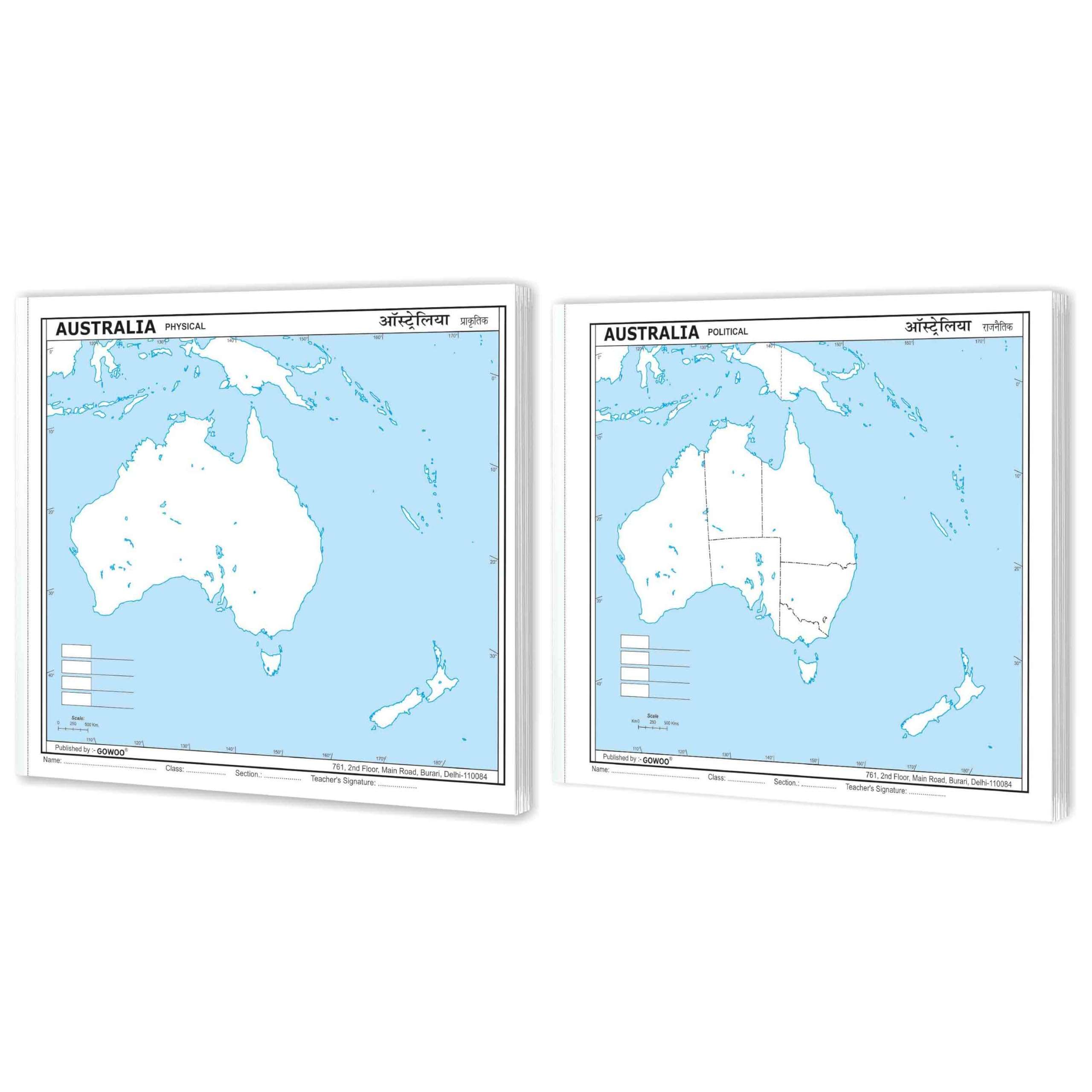 SMALL - 100 AUSTRALIA POLITICAL OUTLINE MAP and SMALL 100 AUSTRALIA PHYSICAL OUTLINE MAP FOR SCHOOL | Combo of 2 1