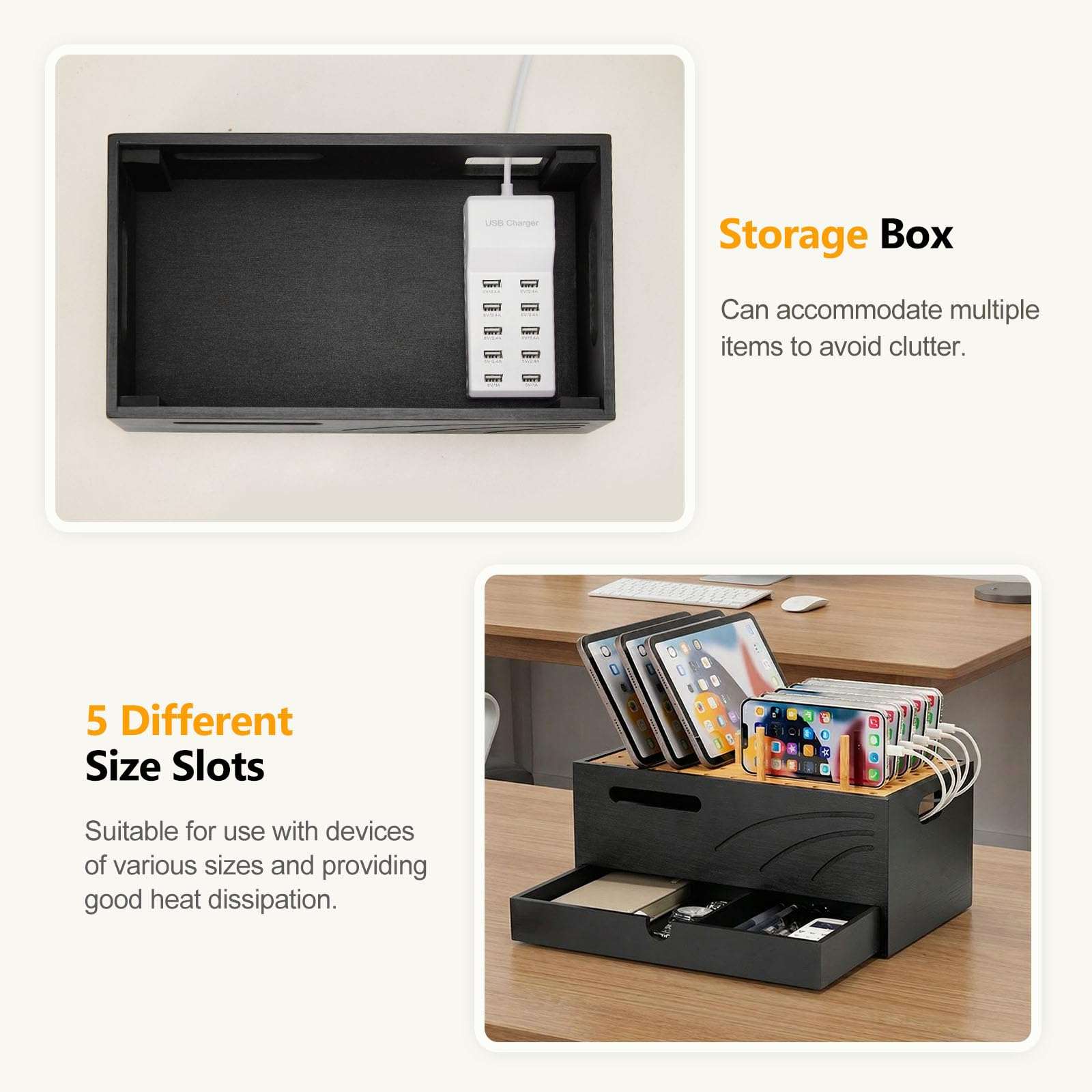 Homde Bamboo Charging Station Organizer: 2 Layer Charger Holder with Drawer for Office Home - Electronic Docking Stand for Multiple Devices, Tablets, Phones （Black） 6