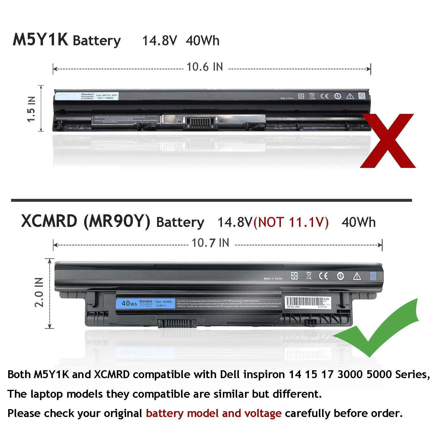 XCMRD Laptop Battery 40Wh for Dell Inspiron 15 3000 Series 3542 3521 3537 3543 3541 3531 17-3721 17-3737 17R-5721 15R-5537 Series P28F V8VNT YGMTN 2
