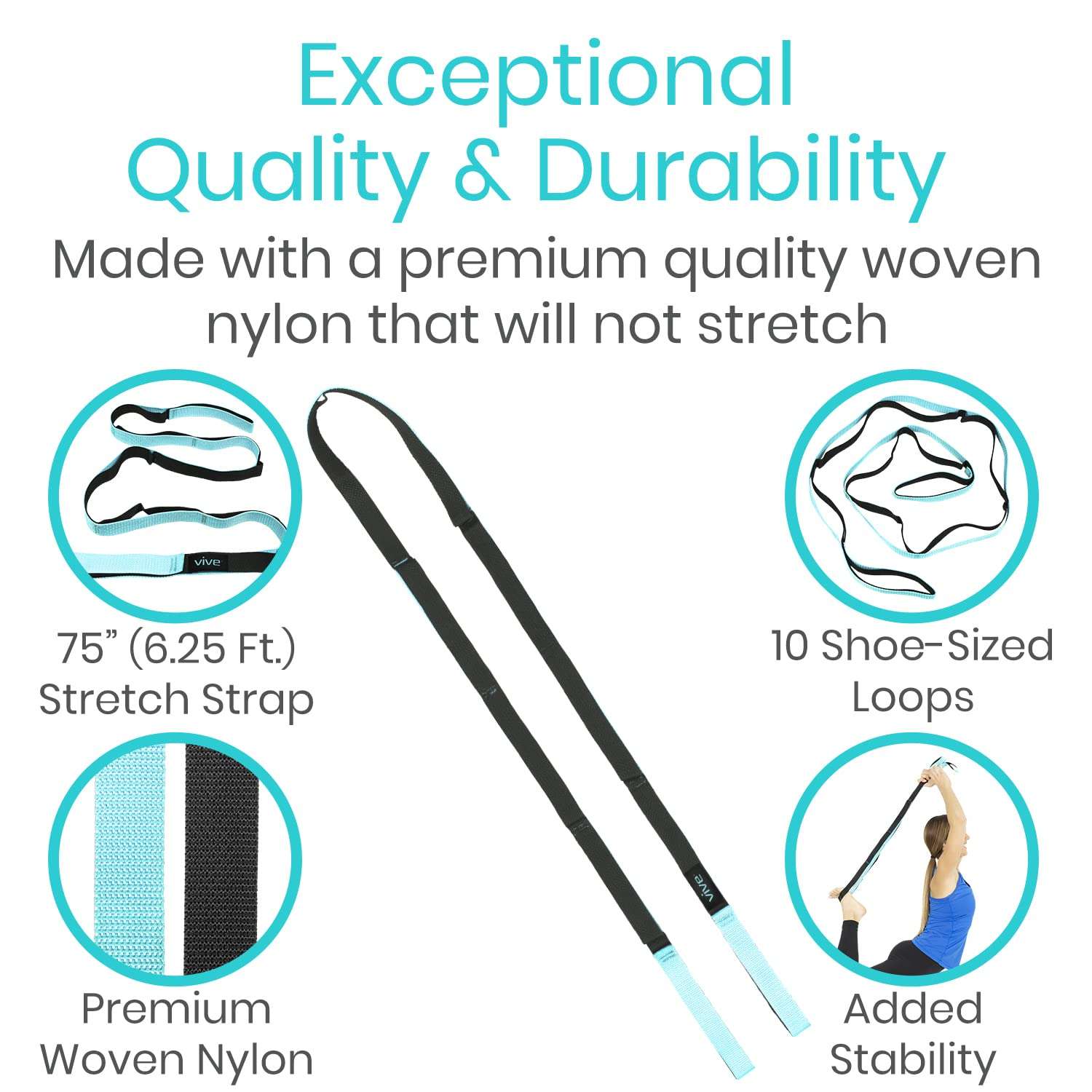 Vive Stretch Strap - Leg Stretch Band to Improve Flexibility - Stretching Out Yoga Strap - Exercise and Physical Therapy Belt for Rehab, Pilates, Dance and Gymnastics with Workout Guide Book (Teal) 4