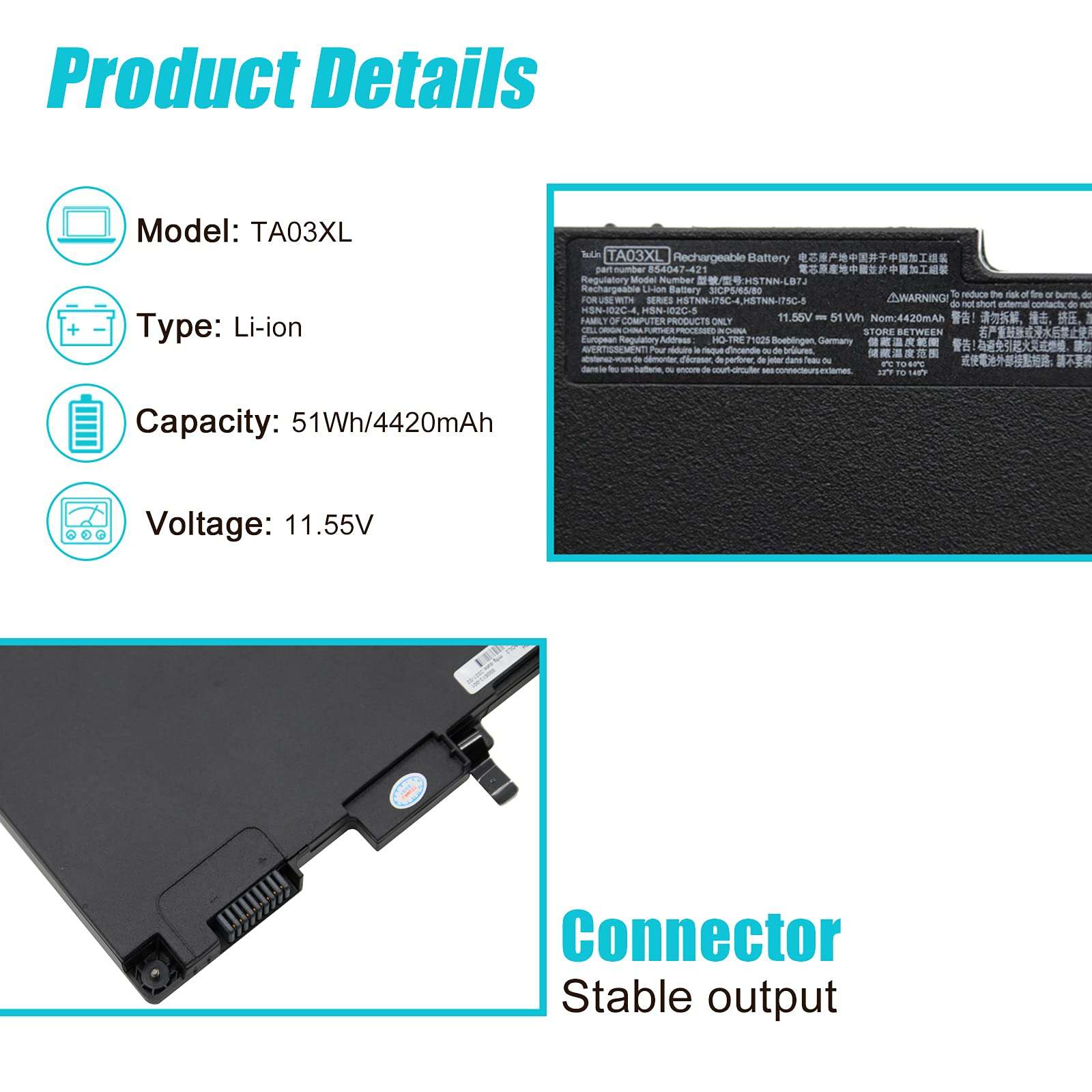 TsuLin TA03XL Laptop Battery Replacement for HP EliteBook 755 G4 840 G4 848 G4 850 G4 ZBook 14U G4 15U G4 Series HSTNN-LB7J HSTNN-IB7L TAO3XL 854047-1C1 854108-850 996QA101H TA03051XL 51Wh 4420mAh 2