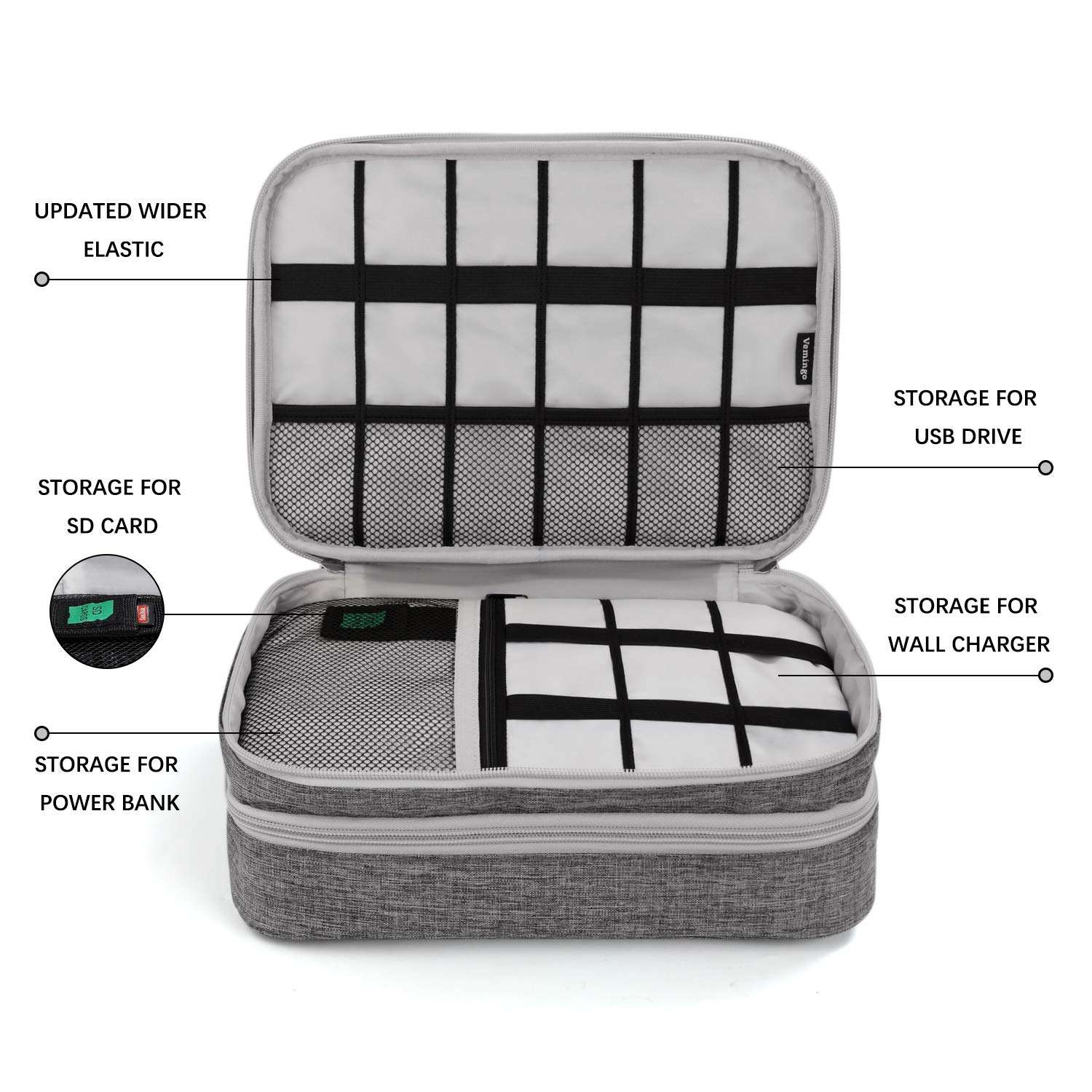 TechGround Electronics Organizer, Electronic Accessories Cable Organizer Bag Double Layer Travel Cord Organizer Bag for Cables, Laptop Charger, iPad Pro 11'' Tablet and More, Grey, RR-011G 4
