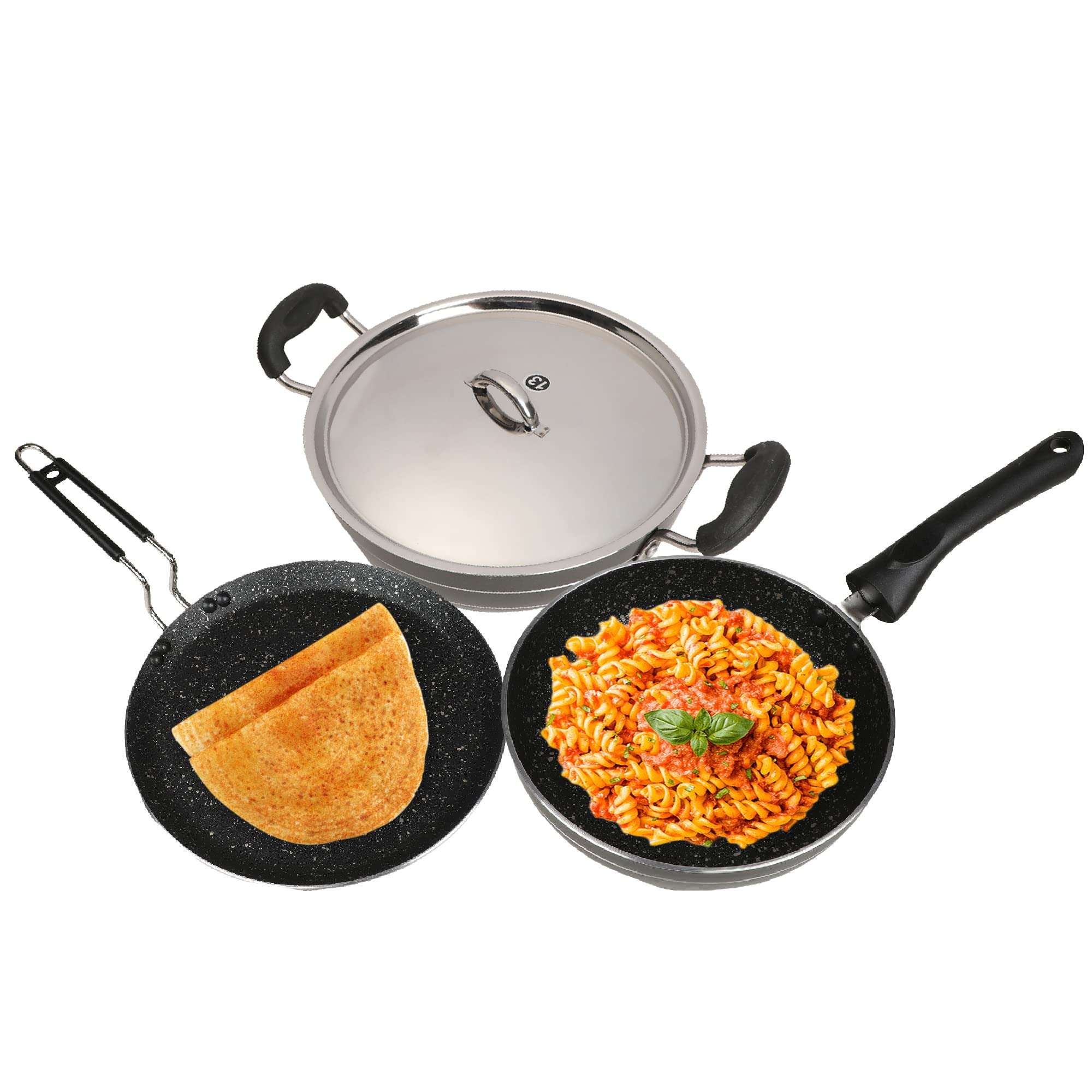 “Black Gold” 4-Piece Induction Aluminium Non-Stick Cookware Set | Or | Tulip Stainless Steel Cutlery Set (Spoon + Fork- 12 Pcs)