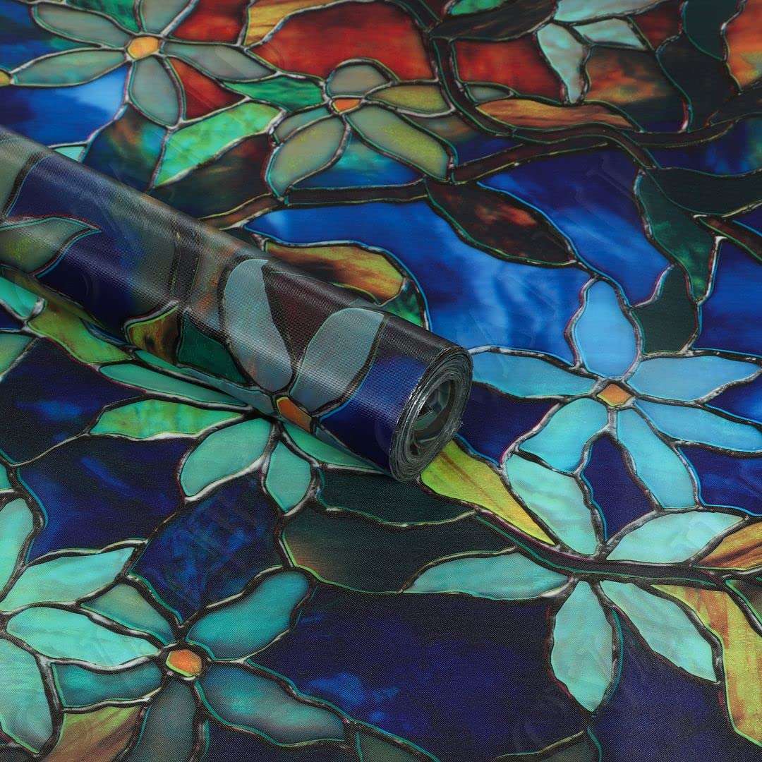 KREEPO Glass Film Privacy Printed Flora Print Window Sticker Vinyl Sheet for Front Door/Bathroom/Sidelight/Small Windows/Office Meeting Room (24"x240"Glassfilmprint28_K) 3