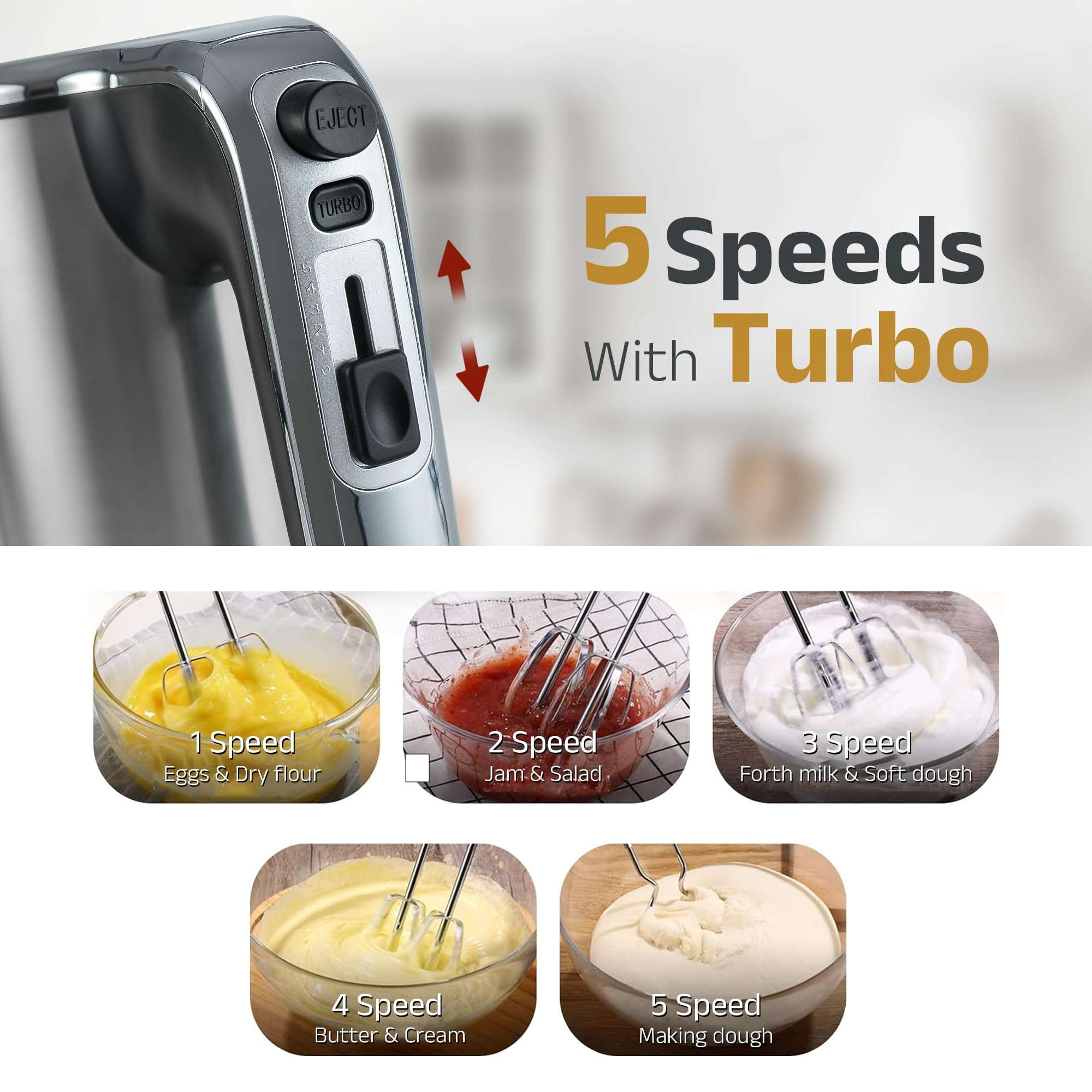 IBELL WHISK400 Electric Hand Mixer, 400W, Blender, Detachable Beaters & Dough Hooks, With Turbo Button 5 Speed Settings(Silver). 5