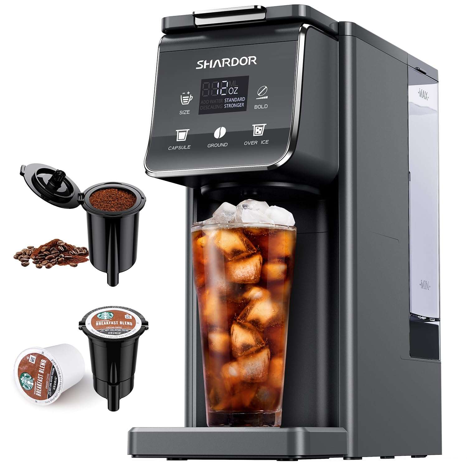 SHARDOR Coffee Maker Hot & Iced With Bold Setting, Single Serve Coffee Maker For K Cup and Grounds, 52oz Removable Water Tank, 6 to14oz Brew Sizes, One Cup Coffee Machine With Reusable Filter, Gray