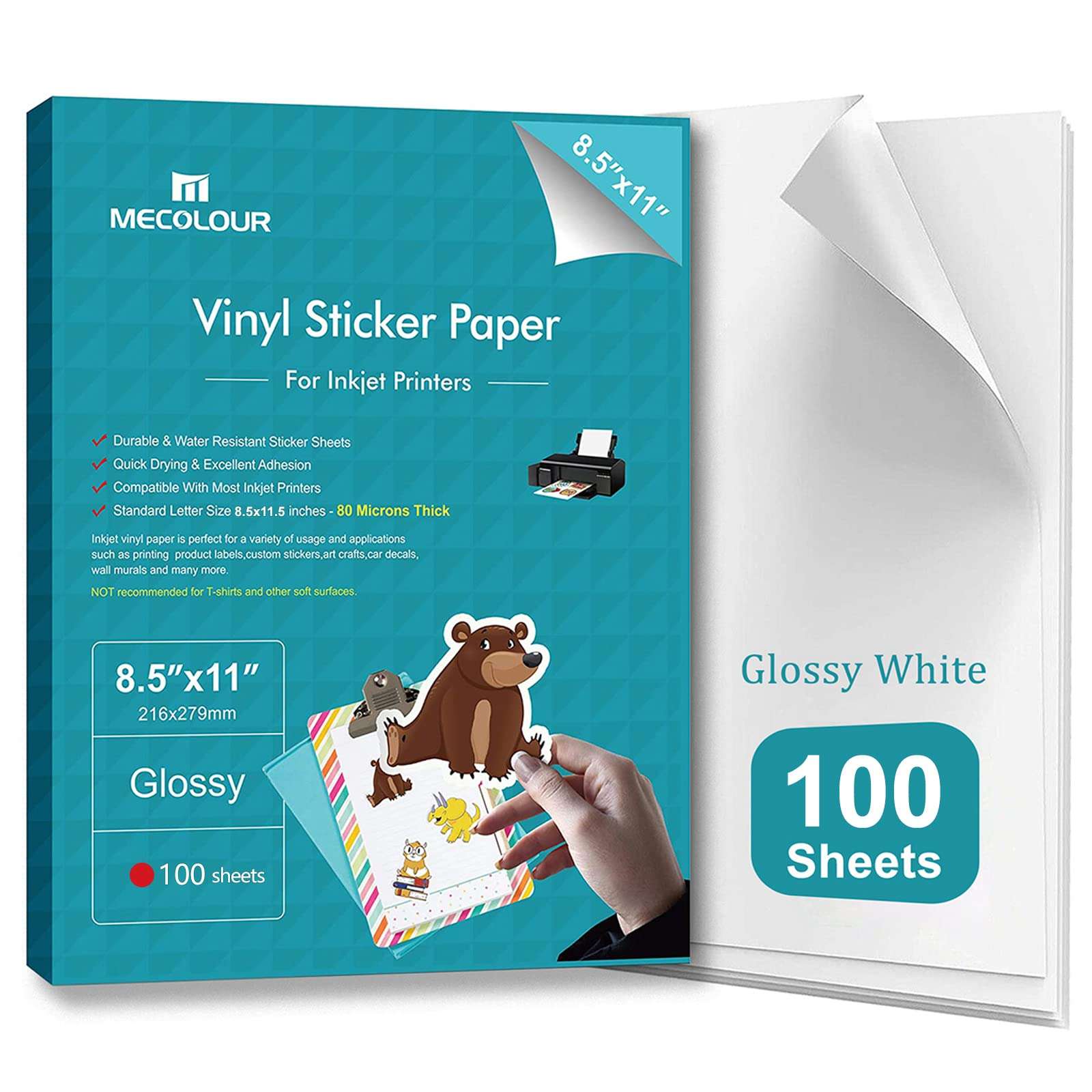 MECOLOUR Premium Printable Vinyl Sticker Paper for Cricut Glossy White 10 Sheets Waterproof, Dries Quickly Vivid Colors- Tear Resistant - for Any Inkjet & Laser Printer 1