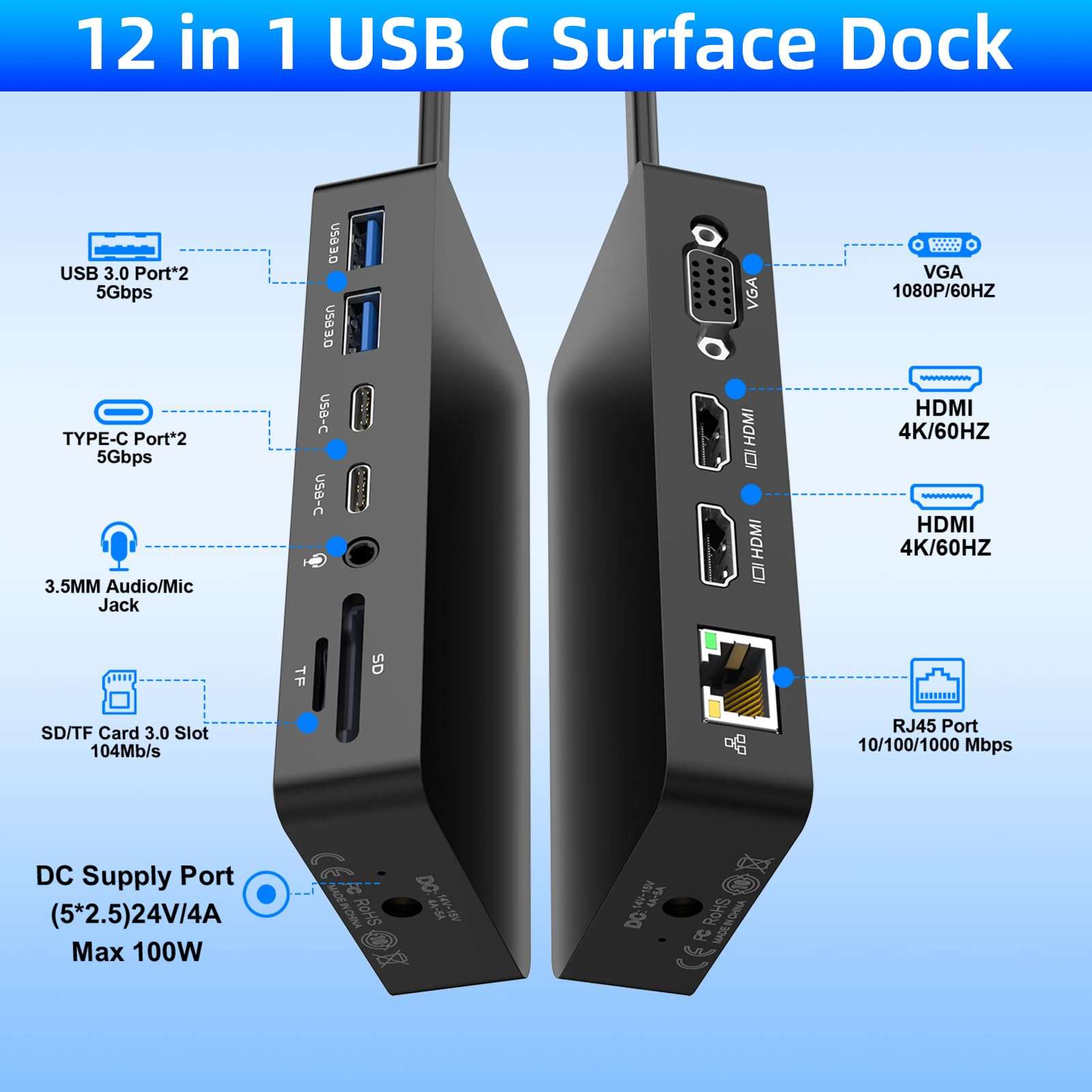 Microsoft Surface Thunderbolt 4 Dock with 100W Power Supply - 12 in 1 Surface Pro Docking Station with Dual HDMI+VGA for Surface Pro 11/10/9/8/X/7+,Surface Laptop, Surface Go - 2 Year Warranty 4