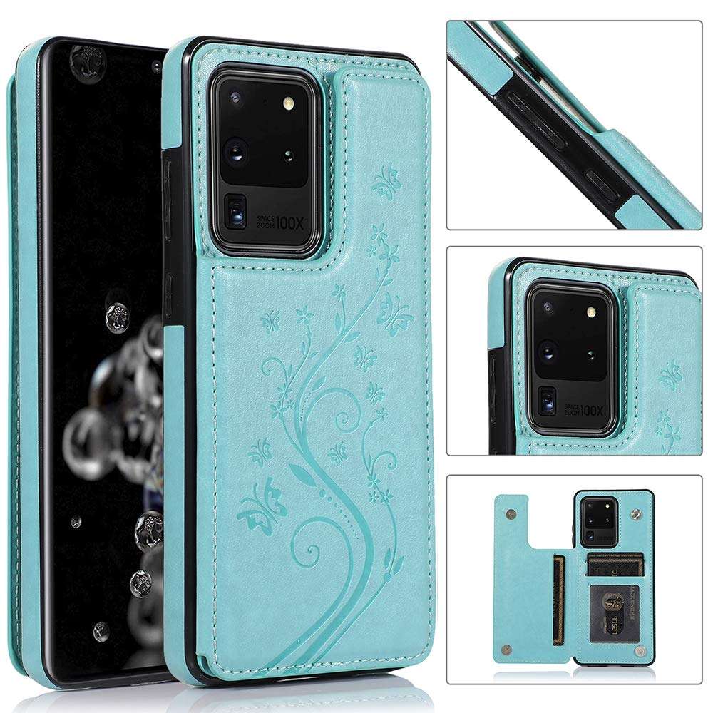 Phone Case for Samsung Galaxy S20 Ultra Glaxay S20ultra 5G with Tempered Glass Screen Protector Card Holder Wallet Cover Stand Flip Leather Cell Gaxaly 20S S 20 A20 20ultra G5 Cases Women Men Green 3