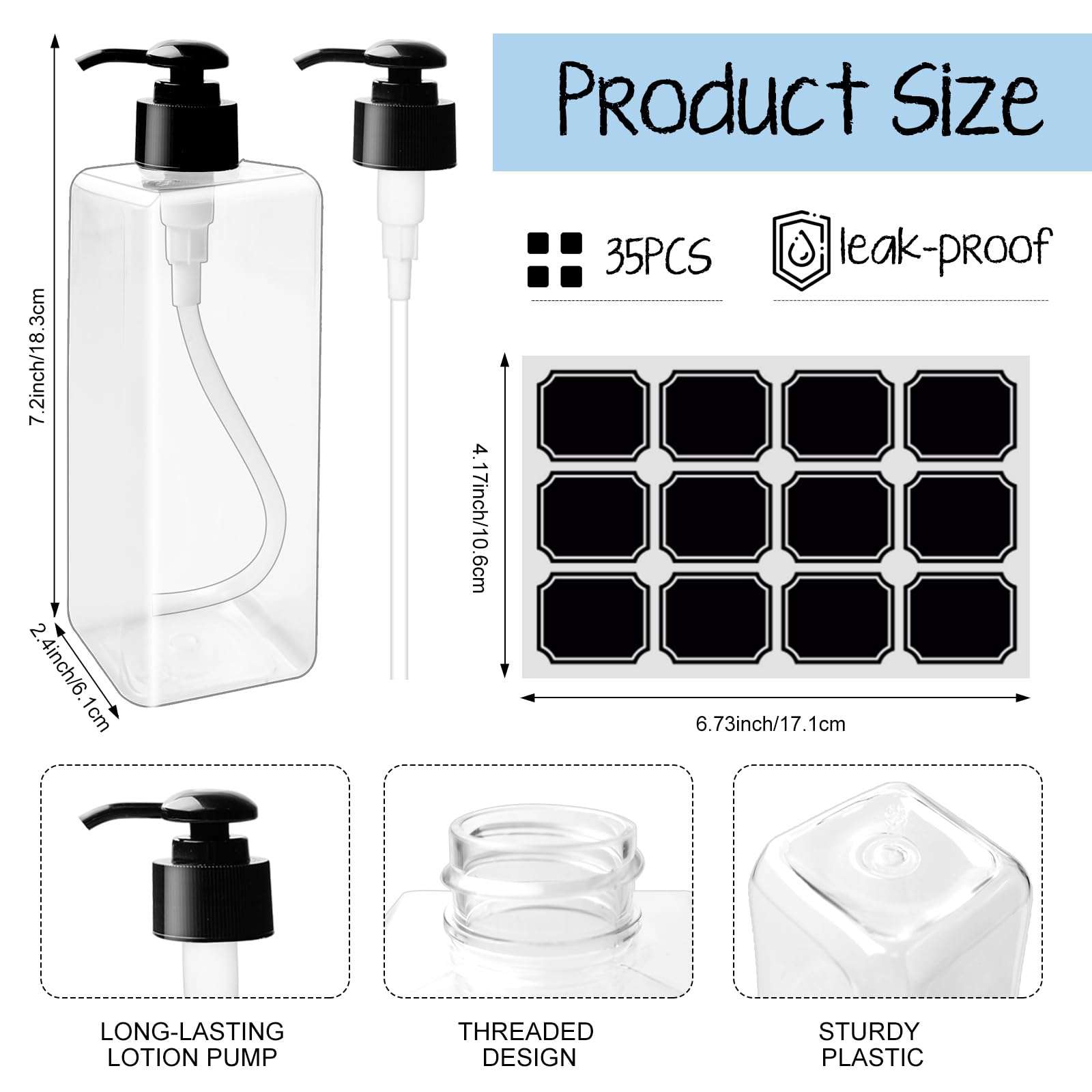 TANEMUDO 35 Pcs 16 oz Empty Plastic Pump Bottles Black Pumps with 3 Labels Refillable Lotion Shampoo Containers Clear Square Lotion Dispenser for Liquid Soap, Massage Oil, and Face Cream 3