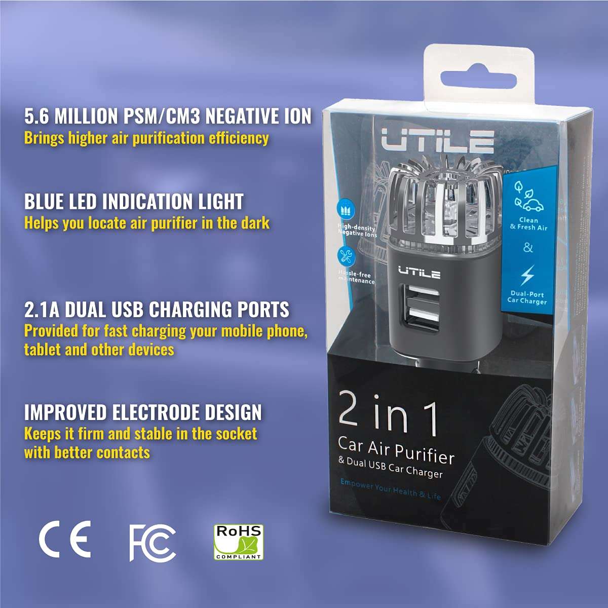 UTILE Car Ionizer Odor Eliminator Purifier with Dual USB Charger – Ionic Air Freshener| 2.1A/0.8W USB Charging for Phone, Tablet and Other Devices (Black, Pack of 1) 2