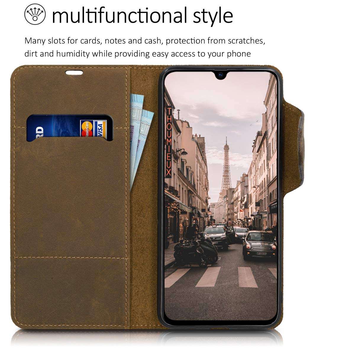 kalibri Case Compatible with Samsung Galaxy A70 - Wallet Case Real Leather Book Style Cover with Card Slot - Navigational Compass Brown 4