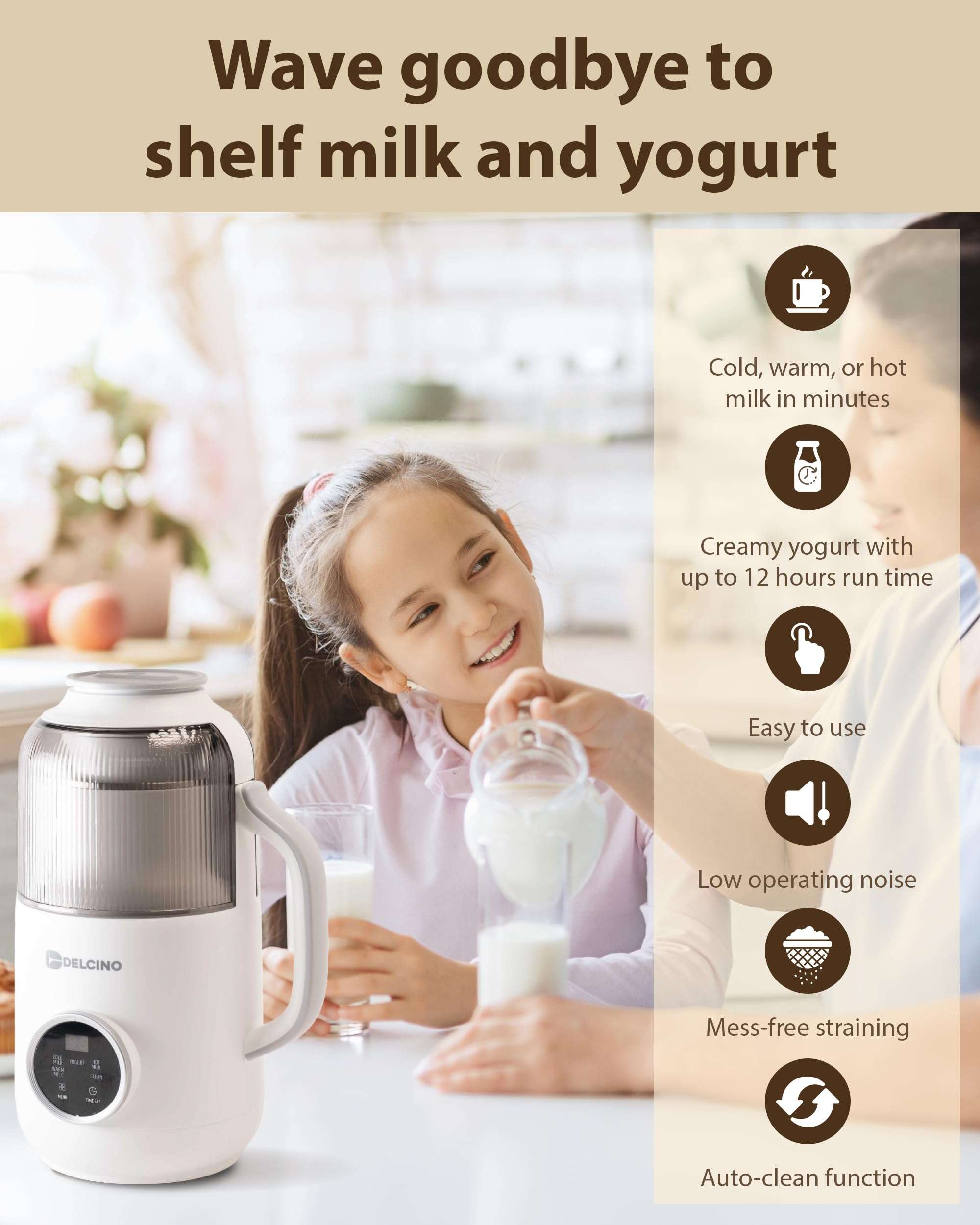 DELCINO Dairy Free Nut Milk Maker Machine & Yogurt Maker Machine - 27 Oz Homemade Oat Milk, Soy Milk, Almond Milk & More Plant Based Milk & Yogurt - Stainless Steel - With Strainer & Thermometer 4