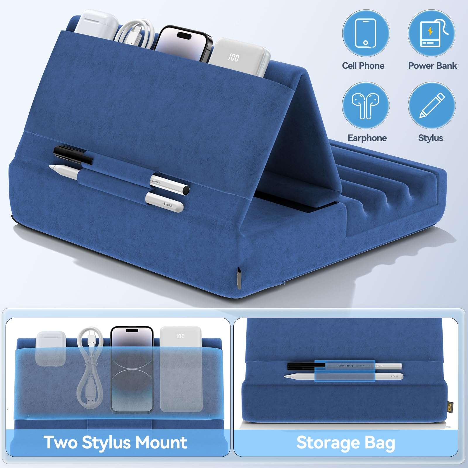 KDD Tablet Pillow Holder, Foldable iPad Stand for Lap, Bed and Desk -Tablet Soft Pad Dock with Pocket & Stylus Mount Compatible with iPad Pro 12.9, 10.5, 9.7 Air Mini 6 5 4 3, Galaxy Tab,E-Reader 6