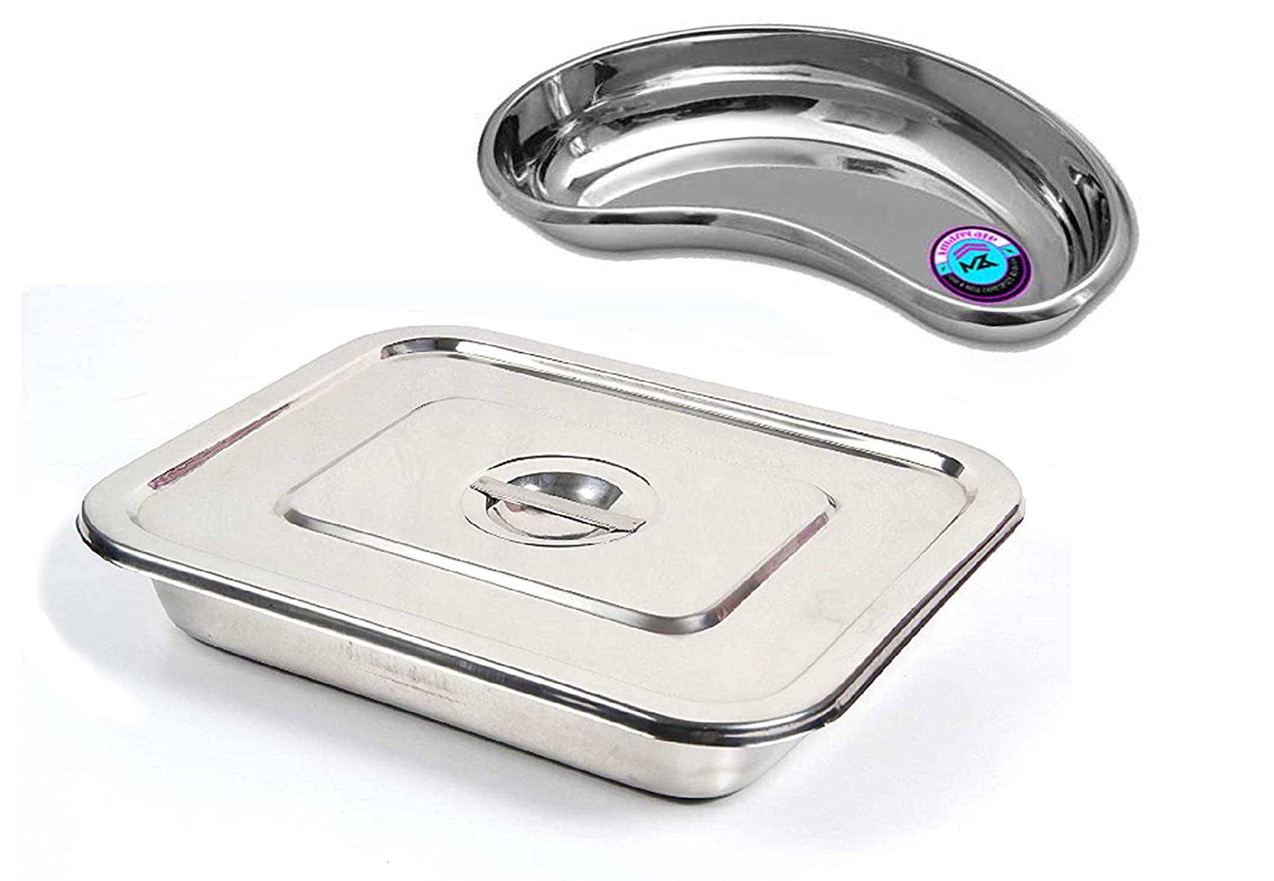 Amazecare™ Stainless Steel Medical Reusable Kidney Tray (300mm) And Instrument Tray 12”inch x 10”inch with lid (Set of 2) 1