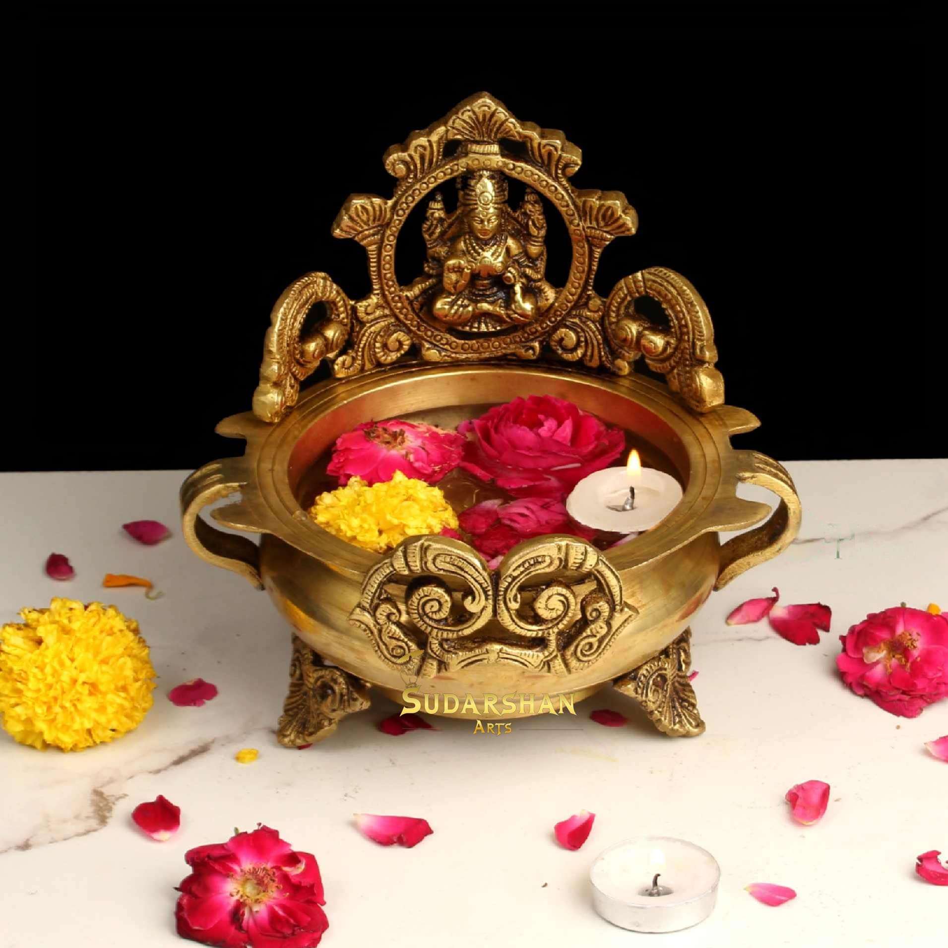 Sudarshan Arts Laxmi Brass Urli Diya lamp with Beautiful Design, Urli Decor, Urli Bowl with Maa Laxmi Idol, Indian Houseware Home and Temple Decor 1