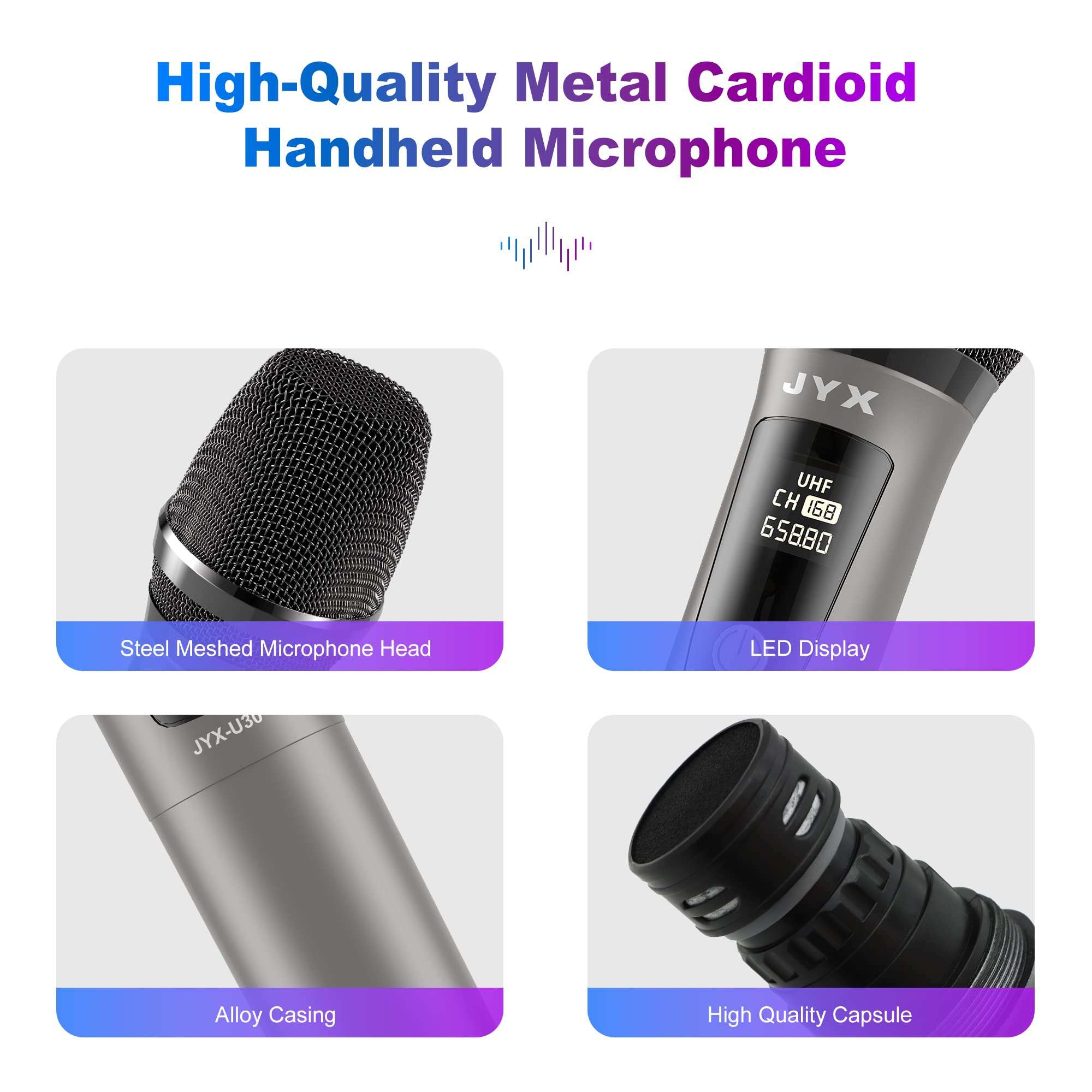 JYX PartyBox Wireless Microphone, Dual UHF Handheld Dynamic Mic with Receiver, 6.35mm(1/4") Output, 3.5mm(1/8") Adapter, Clear Voice, Rechargeable Battery Karaoke Mics Compatible with All Speakers 4