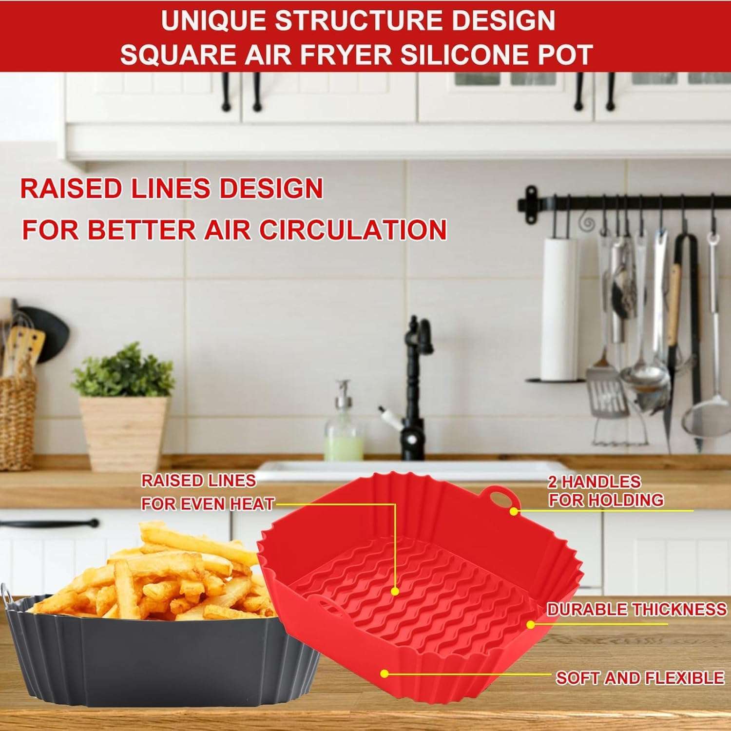 Tokumap 2 PCS Square Air Fryer Silicone Liners, 8 Inch Food Grade Reusable Heat Resistant Silicone Air Fryer Oven Microwave Accessory 4