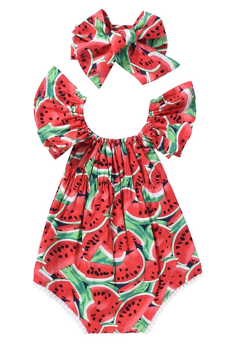 Kashoer Newborn Baby Girls Watermelons Printed Ruffle Bodysuit with Headband (6-12M, Watermelon) 1