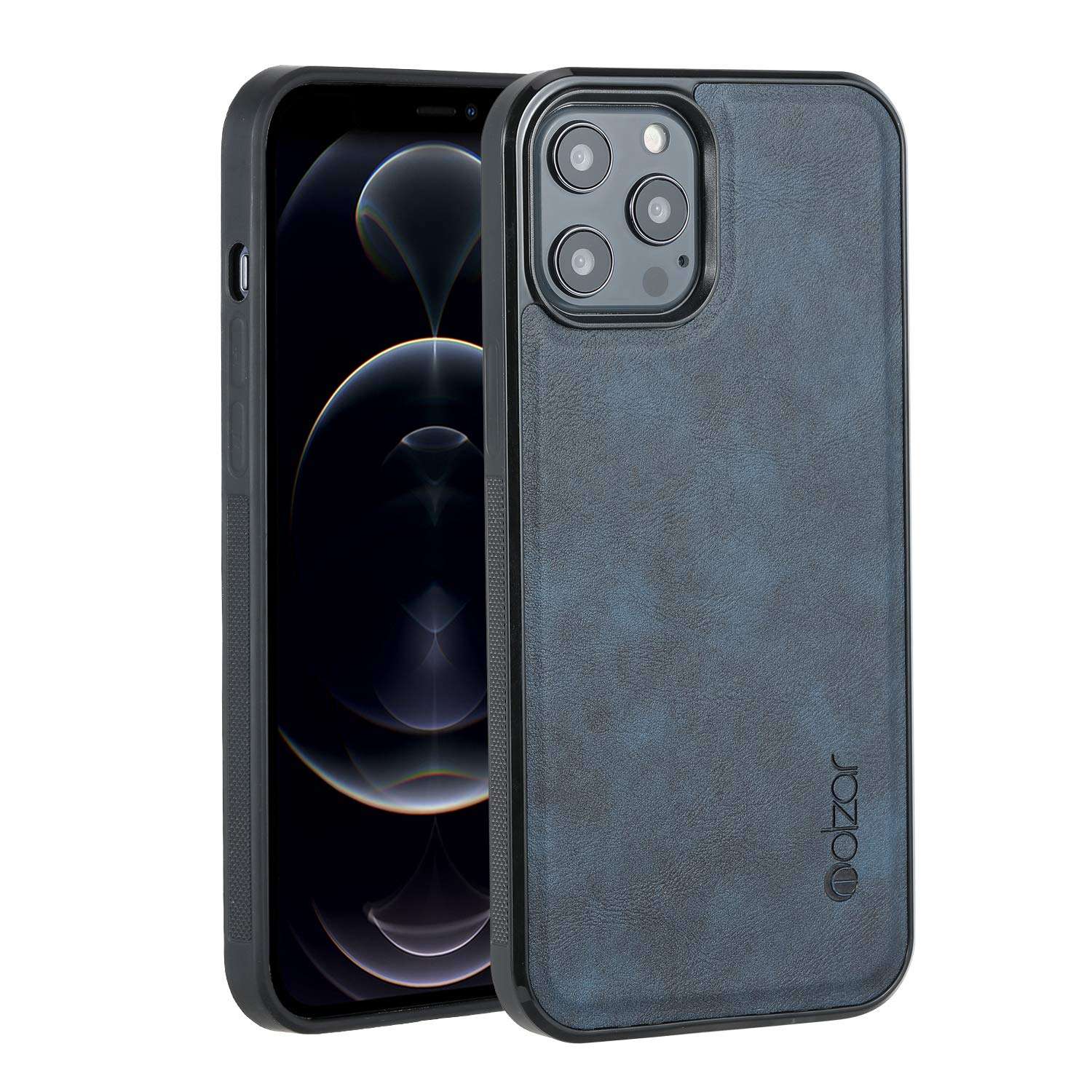 molzar GripBig Series iPhone 12 Pro Max Case with TPU and Faux Leather, Built-in Metal Plate for Magnetic Car Mount, Wireless Charging Support, Compatible with iPhone 12 Pro Max, Black/Blue 1