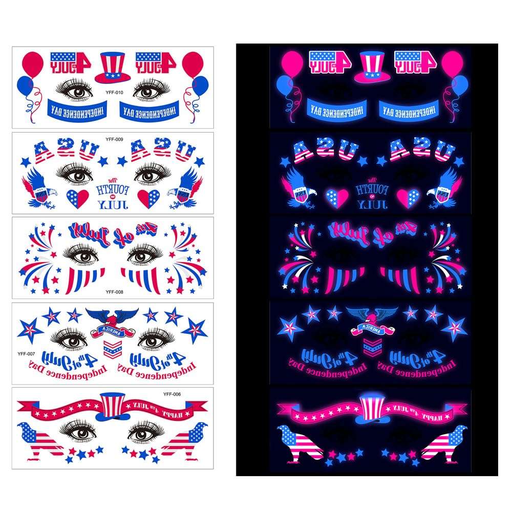 4th of July Tattoos Glow in The Dark Temporary Tattoos for Face Eyes Decoration American Flag Stickers Red White Blue Tattoo Decals for Adults and Teens 6