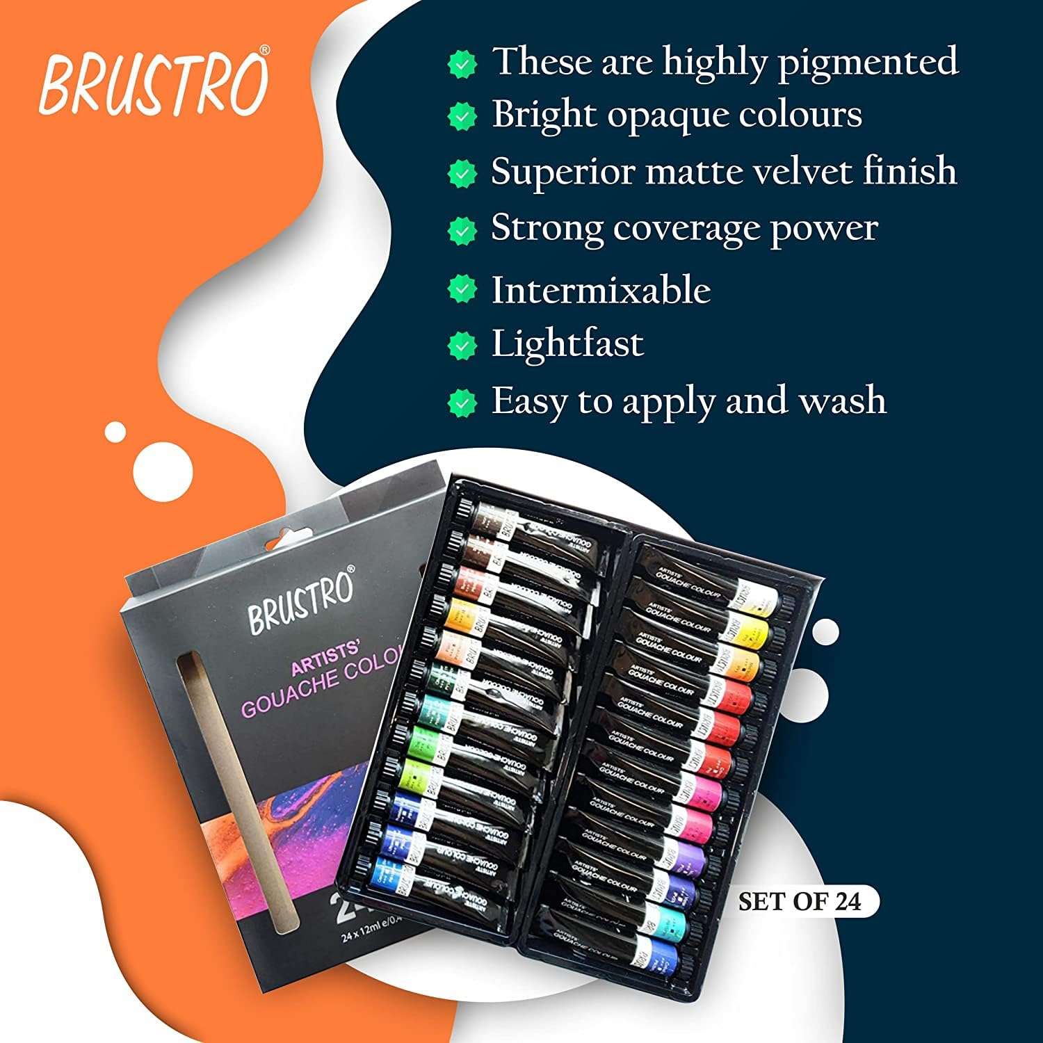 BRUSTRO Artists Gouache Colour Set of 24 Colours X 12ML Tubes with 25% Cotton Watercolour Wiro Journal Cold Pressed 200 GSM A5-25 Sheets and VelveTouch Artist Brushes set of 6 3