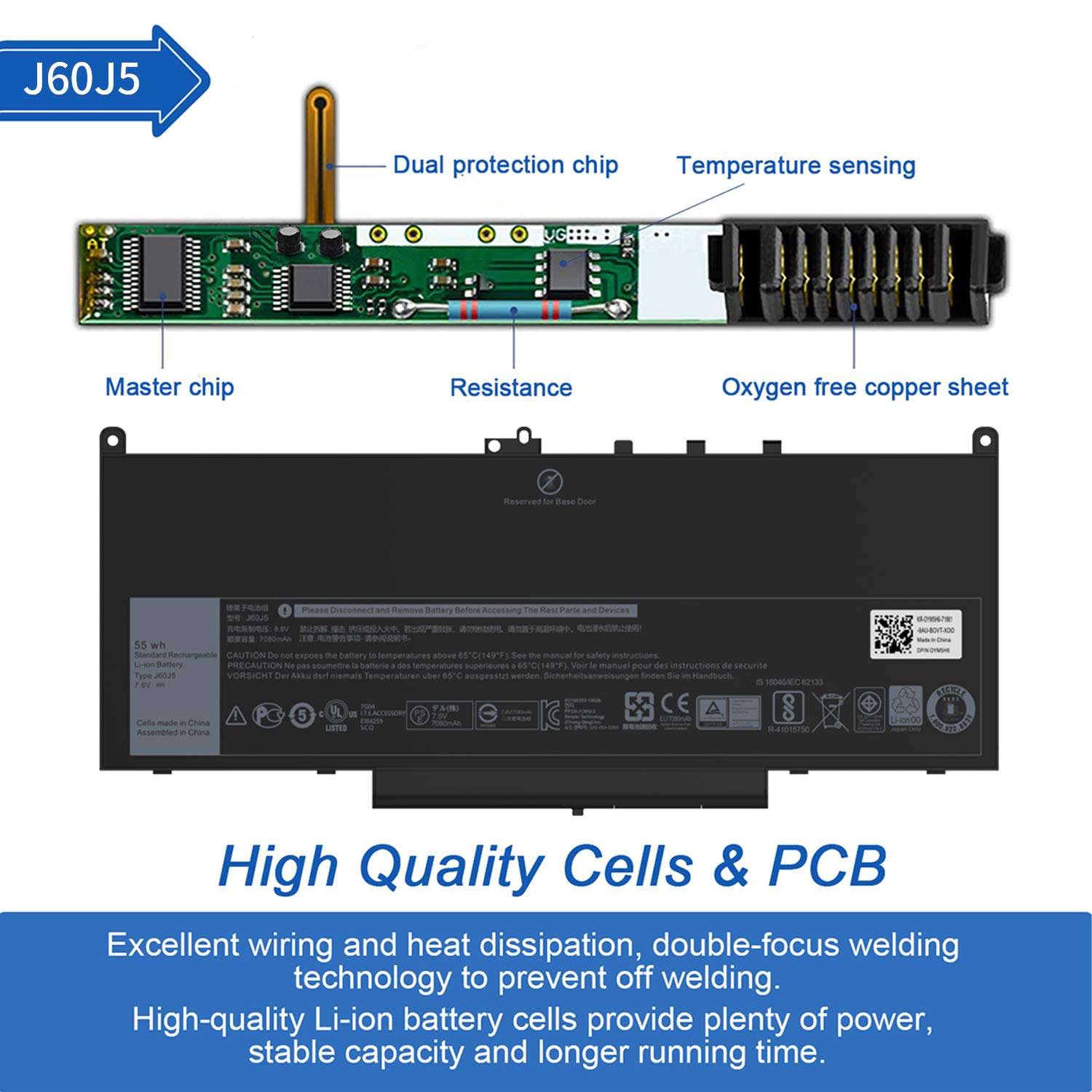 CREATESTAR J60J5 Laptop Battery for Dell Latitude E7270 E7470 Series Notebook MC34Y 0MC34Y R1V85 451-BBSX 451-BBSY 451-BBSU 242WD PDNM2. 7080mAh 6