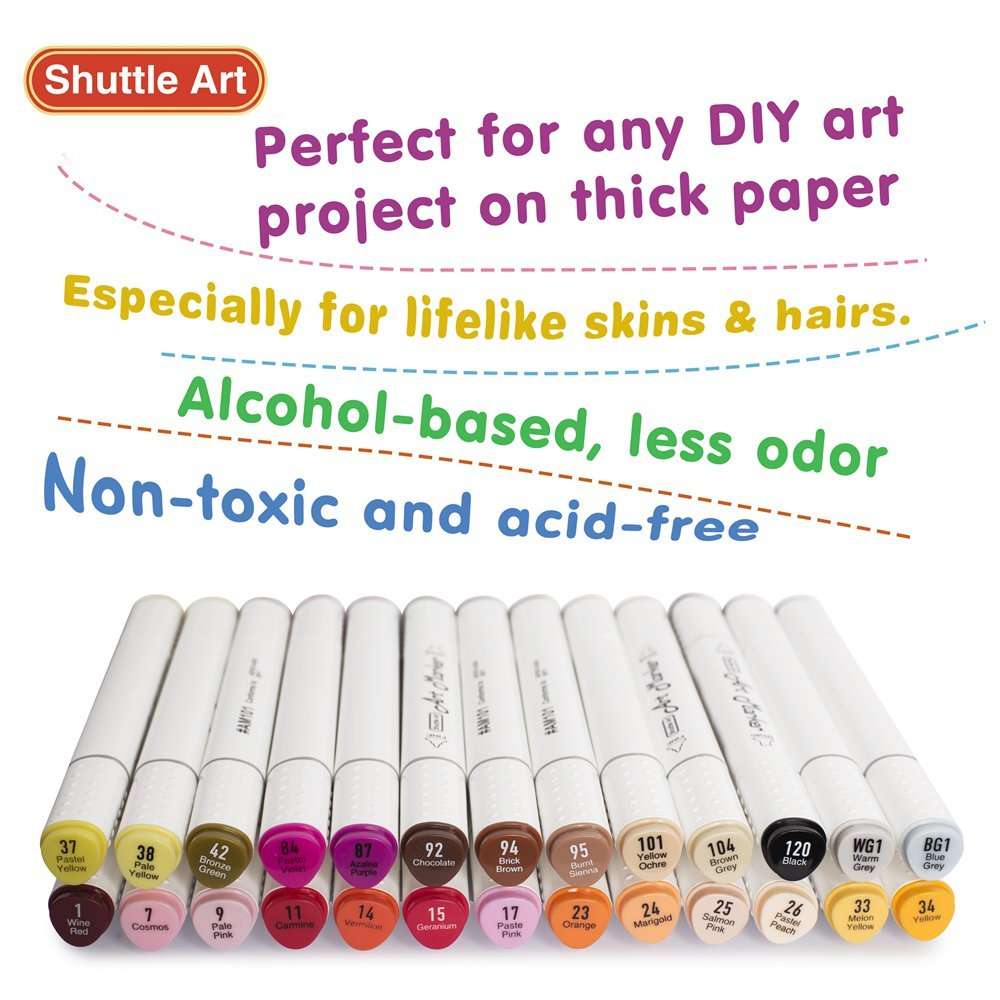 Shuttle Art 26 Colors Skin Tone & Hair Dual Tip Alcohol Based Art Markers, Permanent Marker Pens Double Ended with Fine Bullet and Chisel Point Tips Perfect for Face, Flesh, Manga, Portrait, Sketch 3
