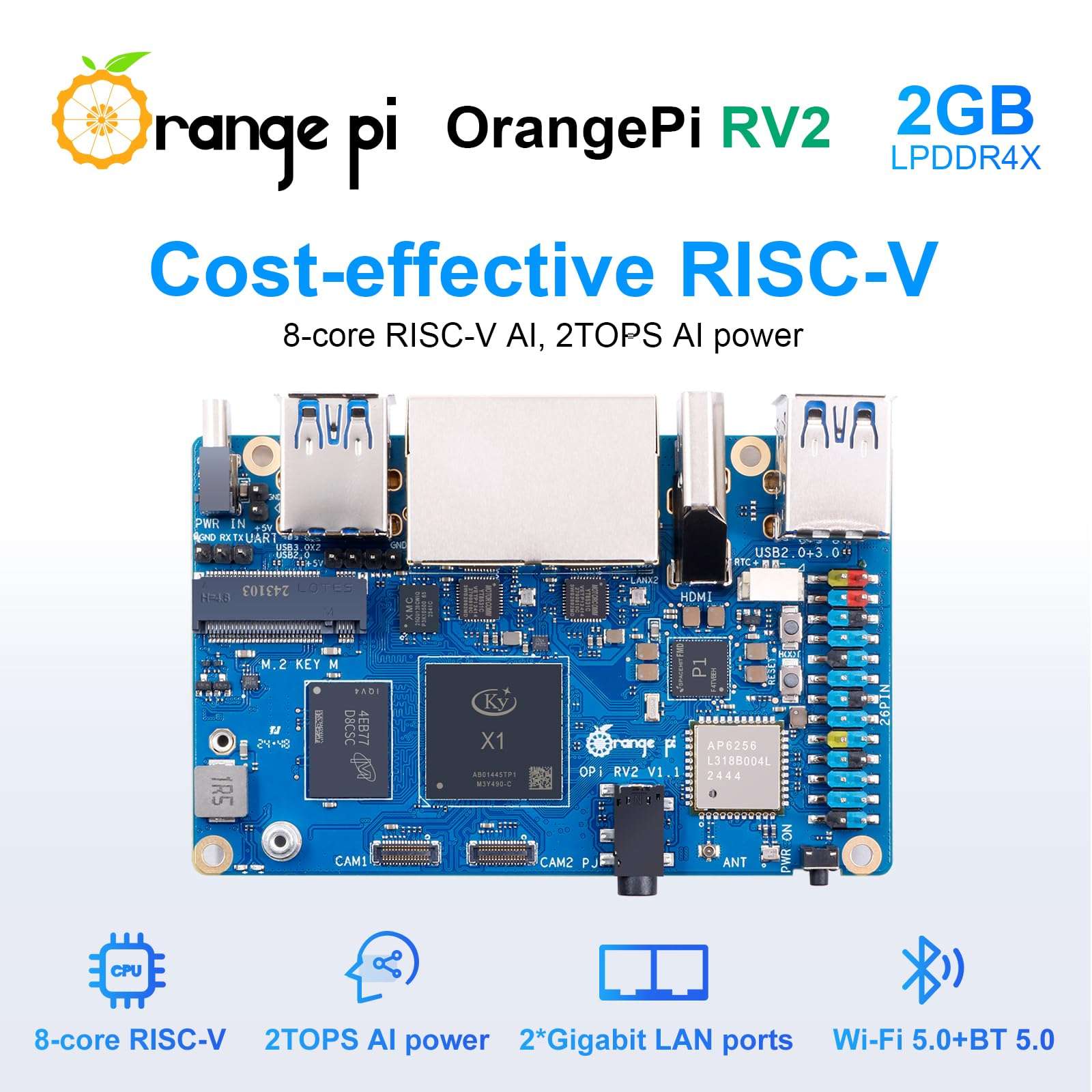 Orange Pi RV2 2GB/4GB/8GB LPDDR4x RISC-V Single Board Computer with 8-Core 64-Bit Processor, Wi-Fi 5.0/Bluetooth 5.0, Development Board Run Linux/Ubuntu/OpenHarmony (2GB+Power Supply) 3