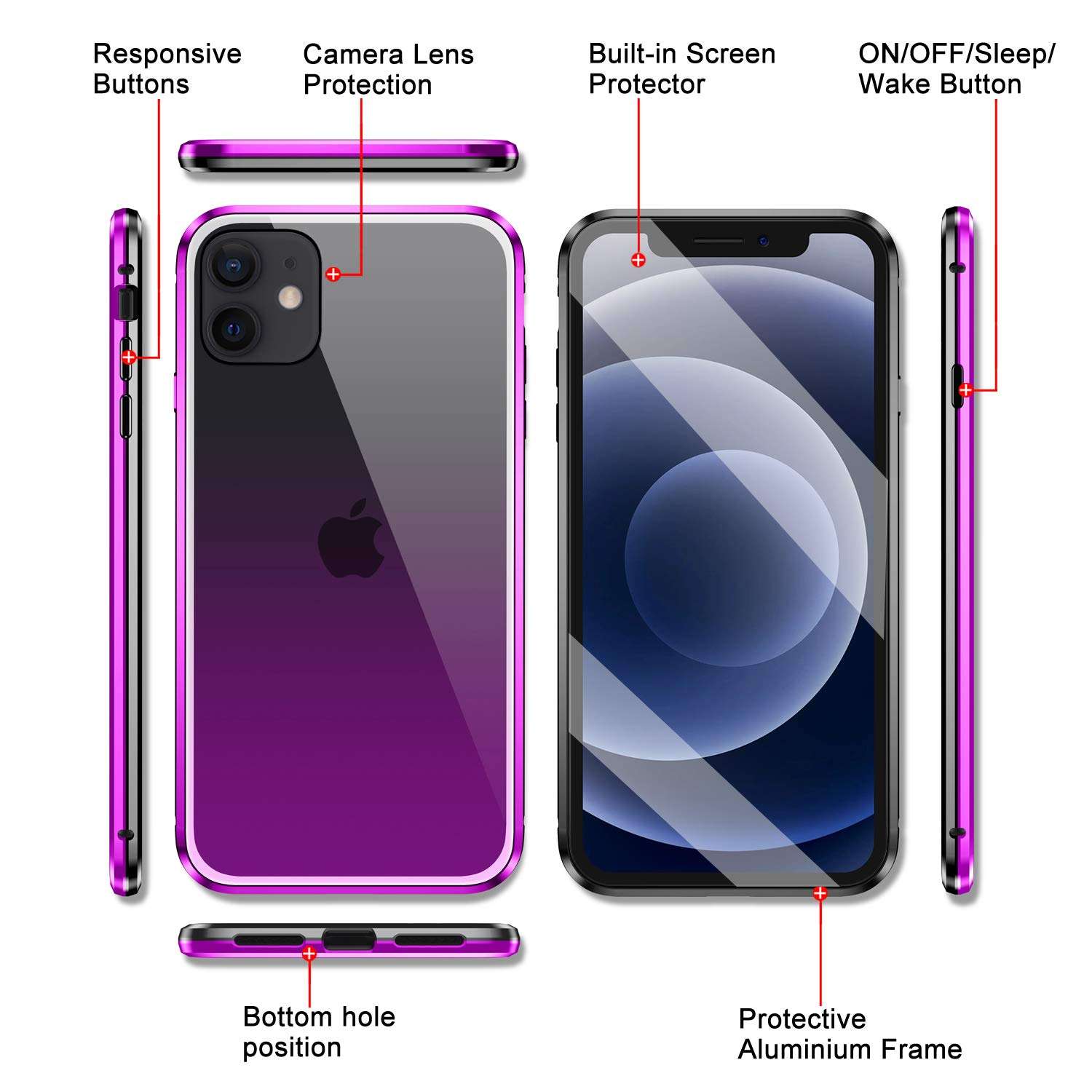 ZHIKE Anti Peeping Magnetic Double Side Privacy Tempered Glass Full Screen Coverage Anti-Slip Design Gradient Color Cover (Anti-Spy) (Purple-Black, iPhone 12 Pro Max Case) 2