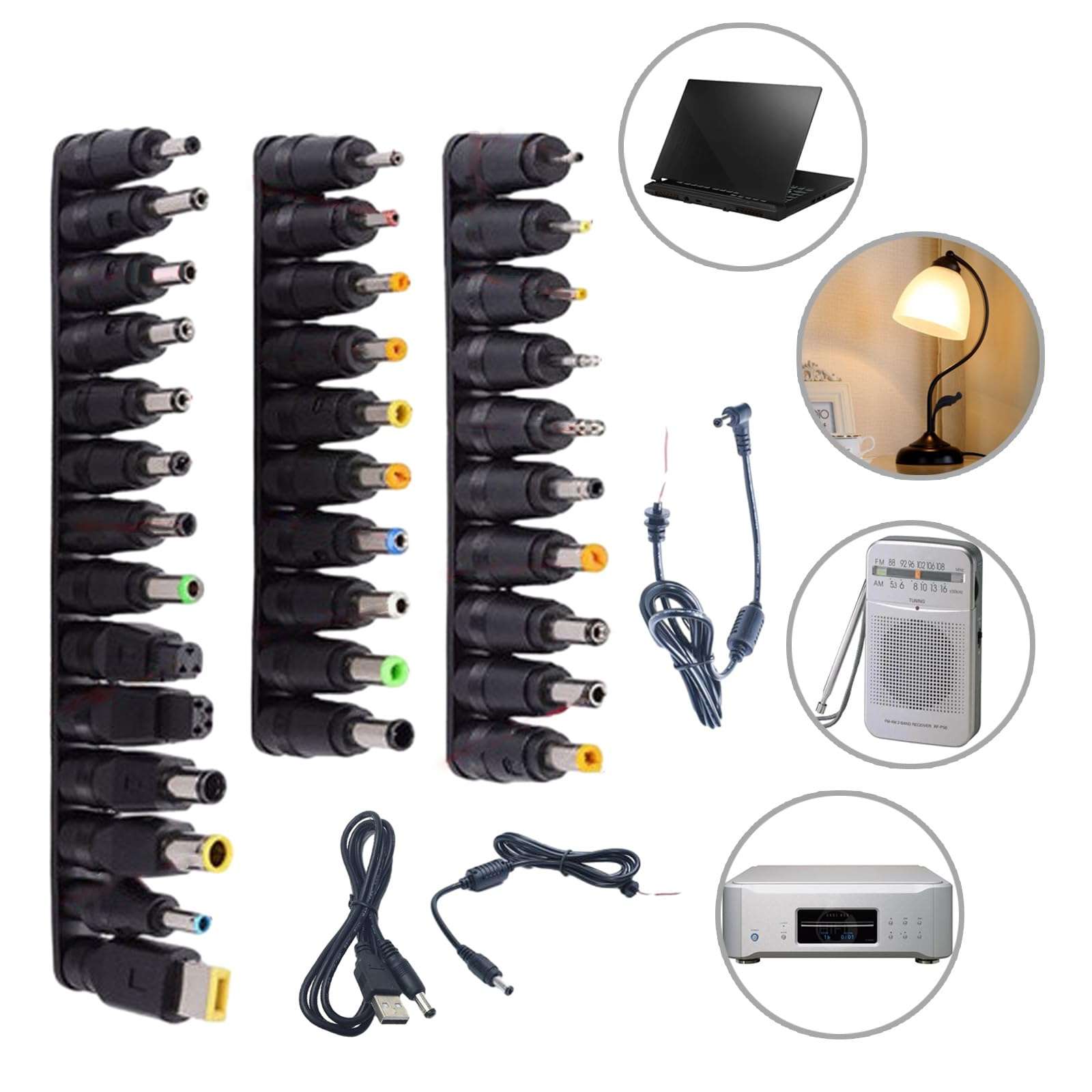 34Pieces Power Adapter DC5.5x2.1mm Barrels Plugs Adapters USB Cable for Laptops Power Charging 3