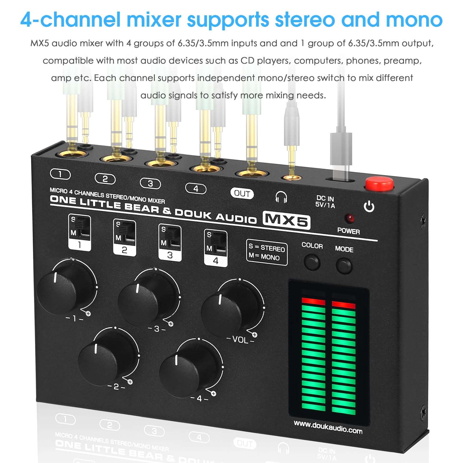 Douk Audio MX5 4 Channel Audio Mixer 4-CH Line-Mixing Mono Stereo Ultra Low-Noise LED Level Meter 3