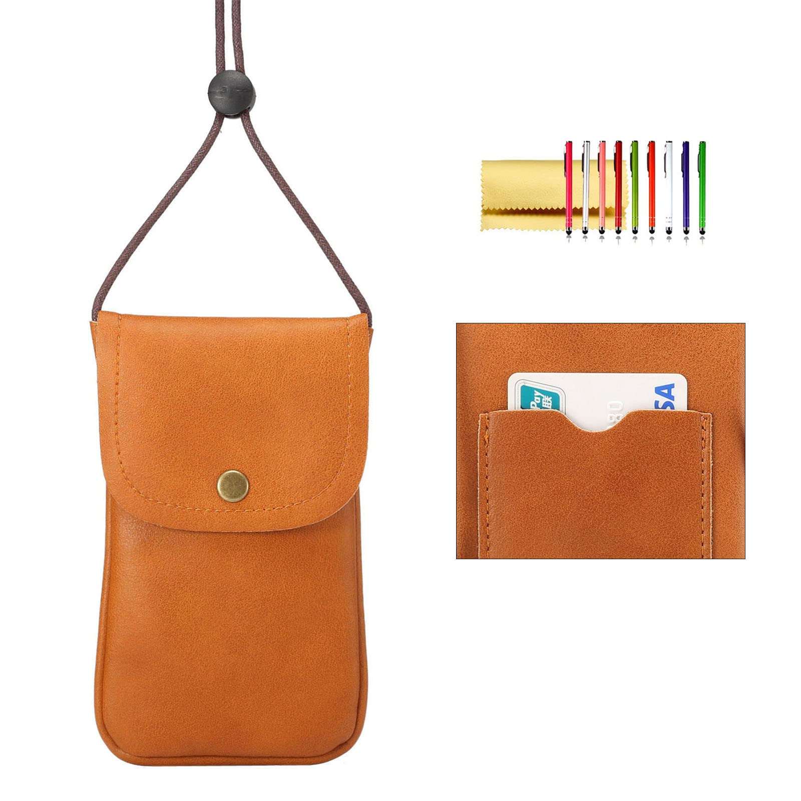 Cell Phone Neck Pouch, Techcircle PU Leather Carrying Bag with Credit Card Holder Adjustable Strap, Small Travel Purse for iPhone 11 XR XS Max SE 8 7 6 Plus, Galaxy S10 S7 Edge A10 J7, Moto G6 (Brown) 1