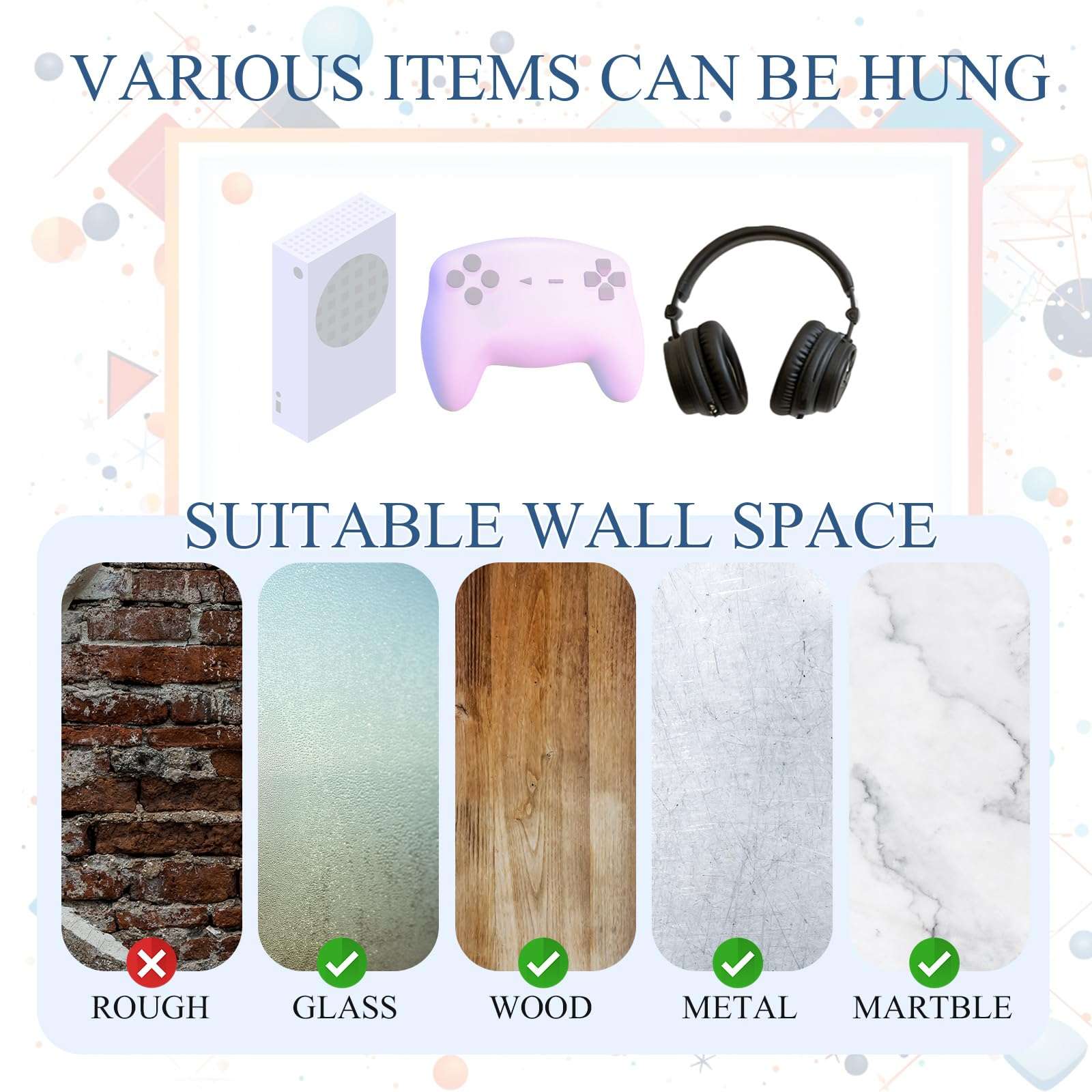 Wonderjune Wall Mount Compatible with Xbox Series S, Thick Wall Mount Set with 4pcs Controller Holder 2 Pcs Headphone Hanger Metal Stand Compatible with Xbox Series S 6