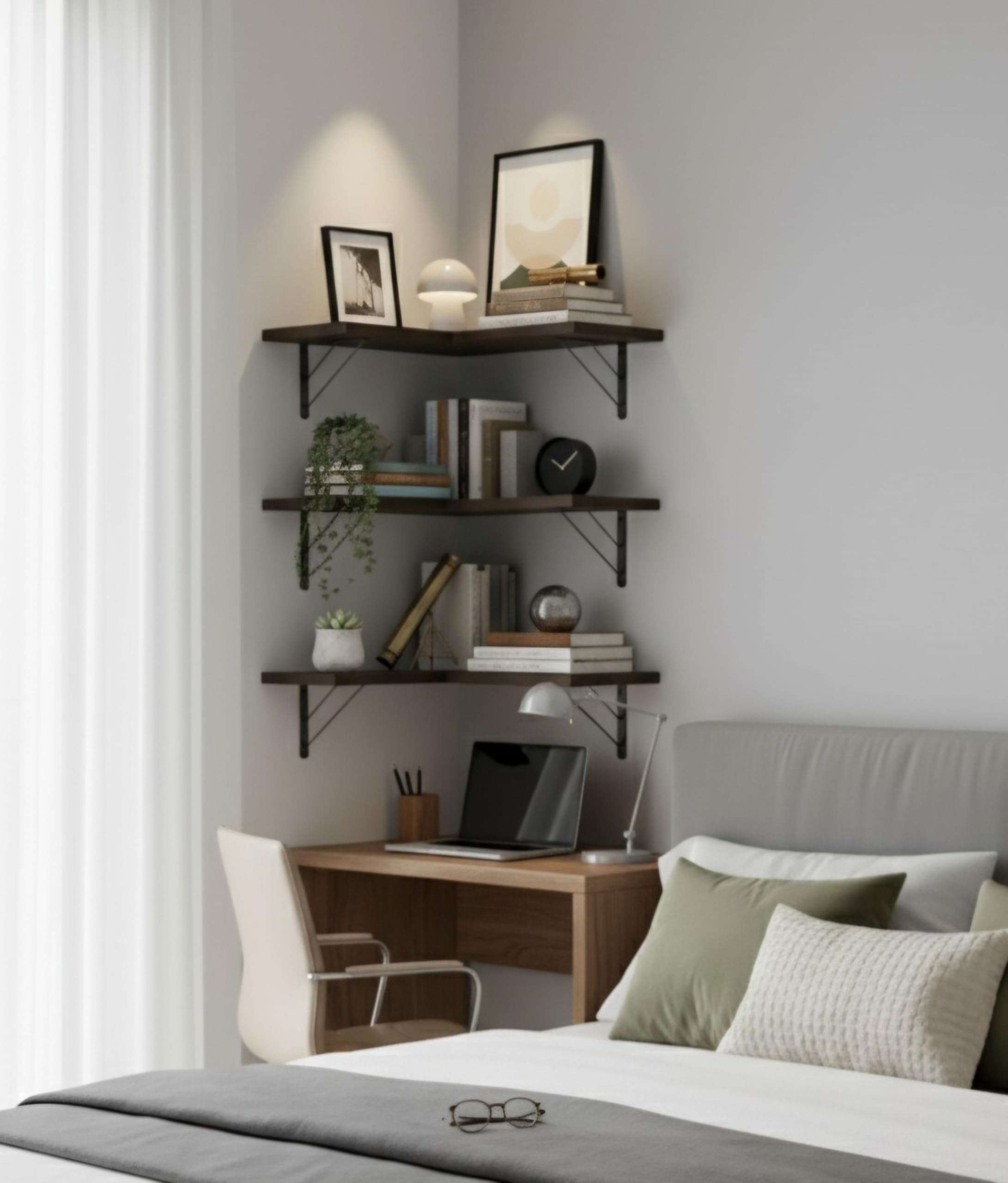 FireBees Wooden Corner Wall Shelves | 3 Tier Floating Wall Mounted Shelf for Living Room & Bedroom | Stylish Book Shelf & Home Decoration Rack for Storage | Room Corner Decoration Items 5
