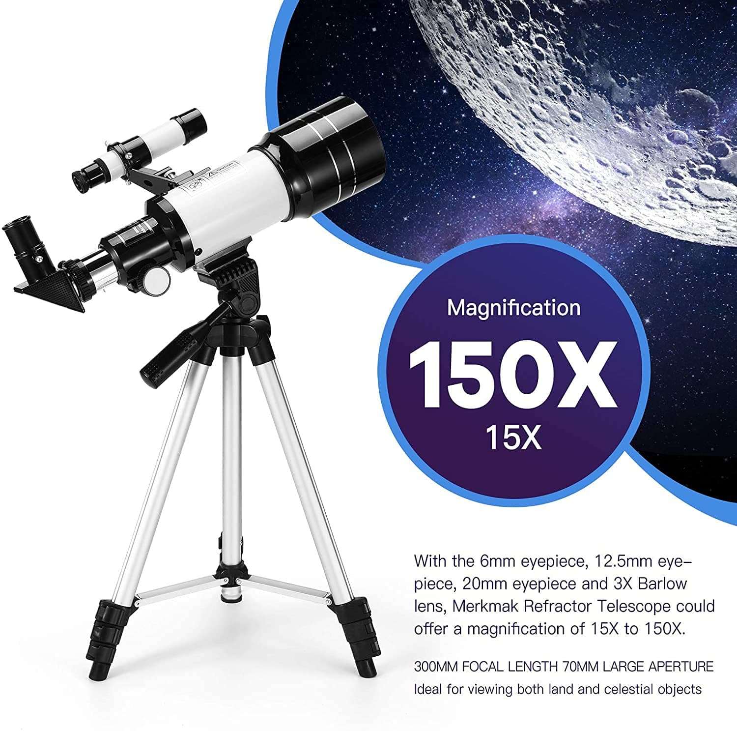 Telescope for Adults &Beginners,70mm Aperture 300mm AZ Mount with Adjustable Tripod and Fully Multi-Coated Optics, Portable Astronomy Refractor Telescope, Wireless Remote 3