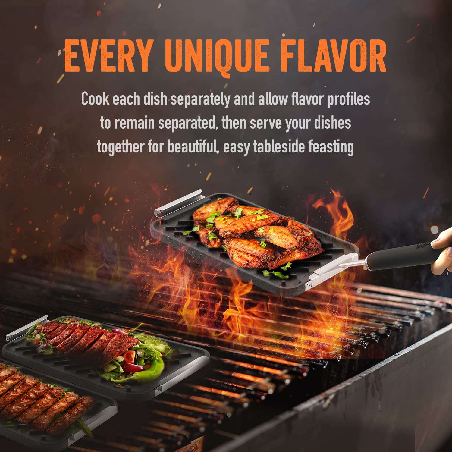 Yukon Glory™ SEAR 'N SERVE Cast Iron Grill Pan Set Includes 3 Cast Iron Grilling Baskets & Clip-On Handle - Cast Iron grill pans for stove tops or Outdoor Grills 5