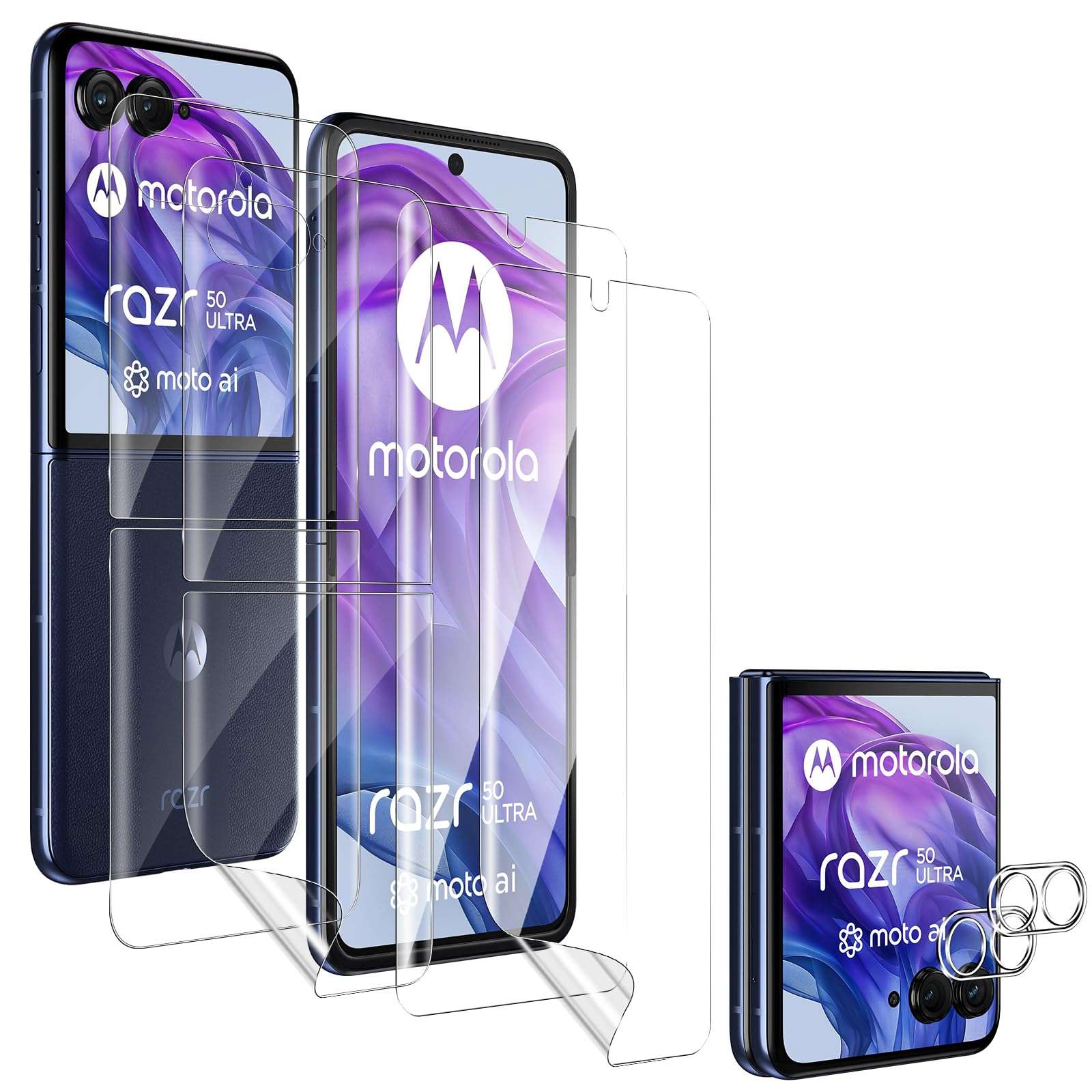 [2Set 6PCS] Motorola Razr 50 Ultra Screen Protector, 2 TPU Films + 2 Back Screen TPU Films + 2 Camera Lens Protecters, High Clarity, Anti-Scratch, Bubble Free, for Motorola Razr 50 Ultra 1