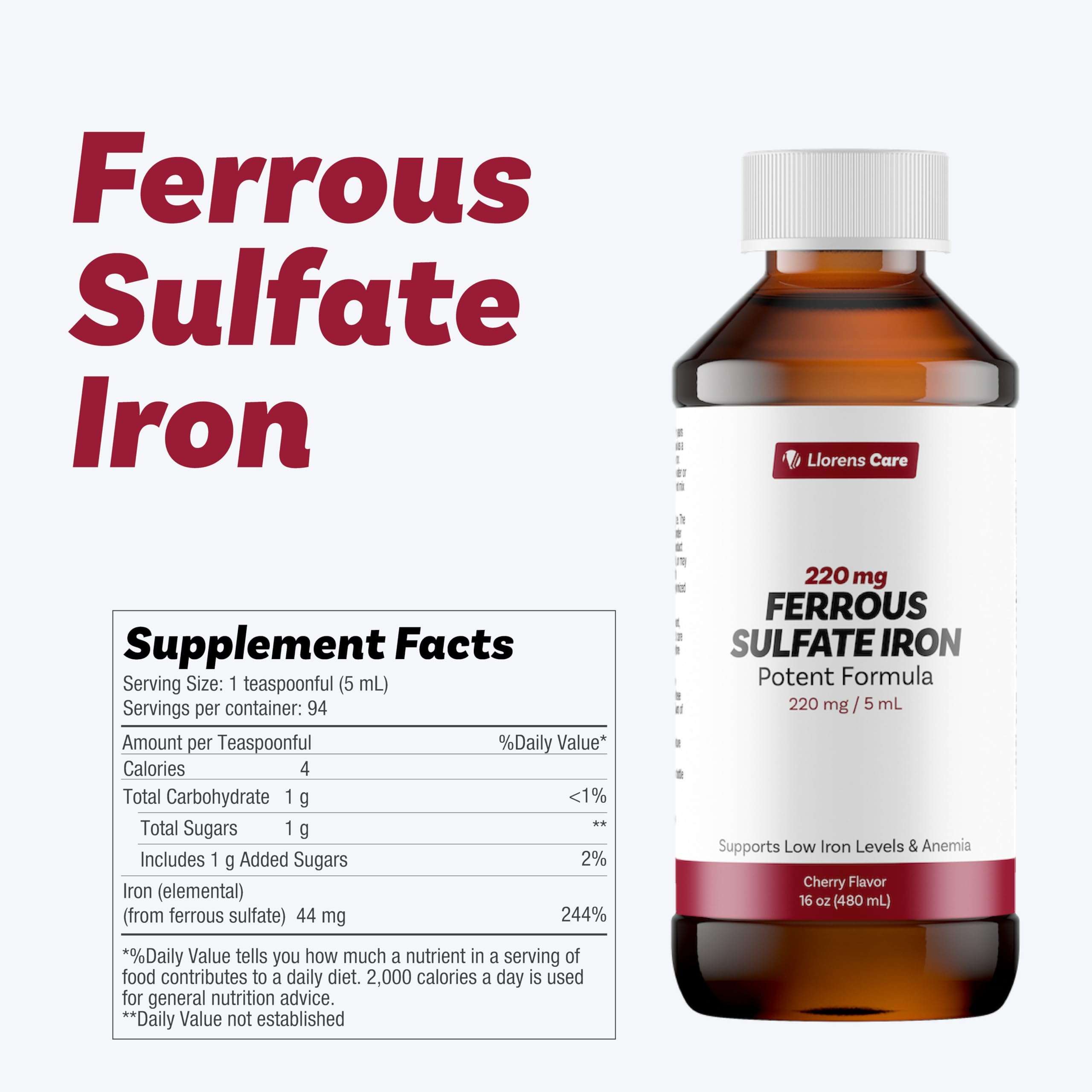 Ferrous Sulfate Liquid Iron Supplement for Adults by Llorens Care - 220 mg in 5 ml Iron Complex Supplement for Anemia and Iron Deficiency. Boost Energy Levels 2