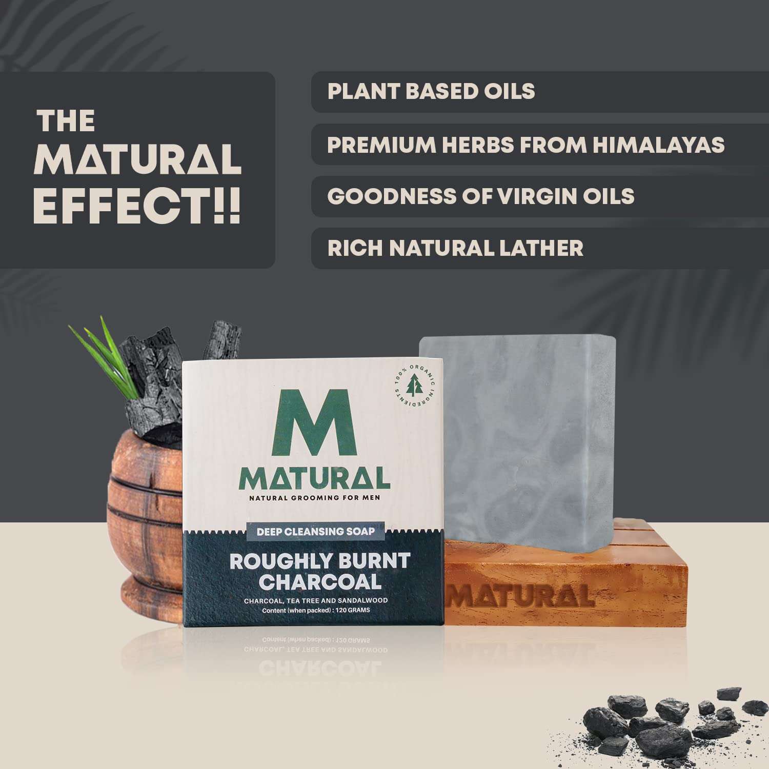 Matural All Natural Handmade Bar Soap For Men, Roughly Burnt Charcoal With Goodness Of Charcoal, Tea Tree And Sandalwood - 120 Gm (Pack Of 3) 3